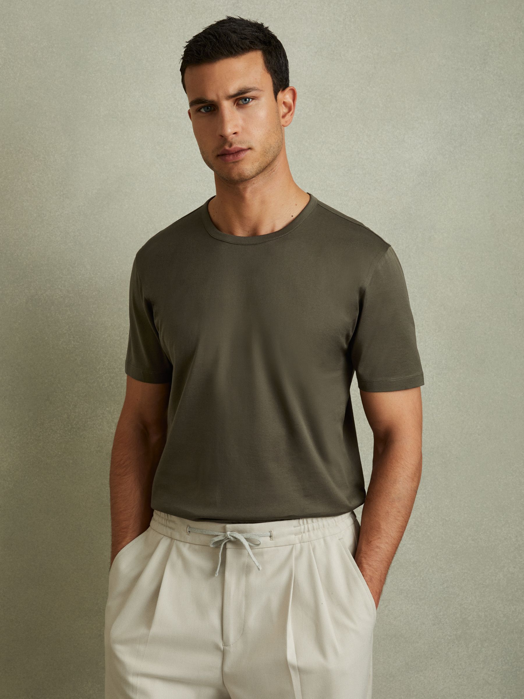 Mercerised Crew Neck T-shirt in Dusty Olive - Image 1 of 5