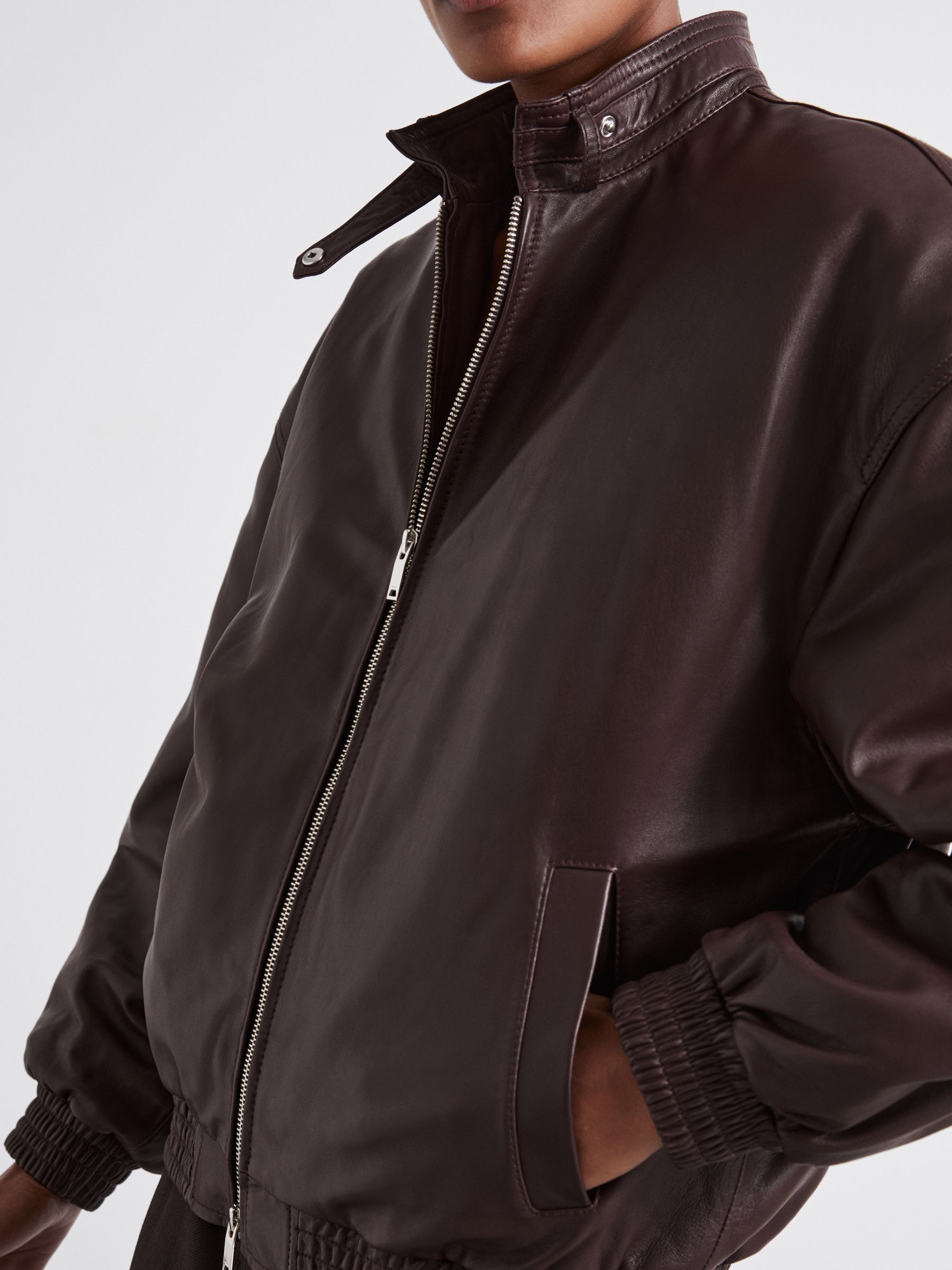 Atelier Leather Latched-Collar Bomber Jacket in Berry - Image 3 of 6