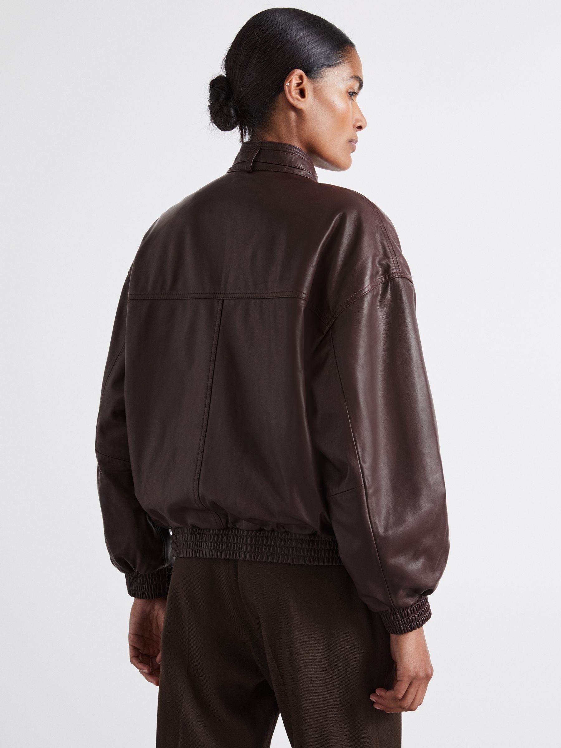 Atelier Leather Latched-Collar Bomber Jacket in Berry - Image 4 of 6