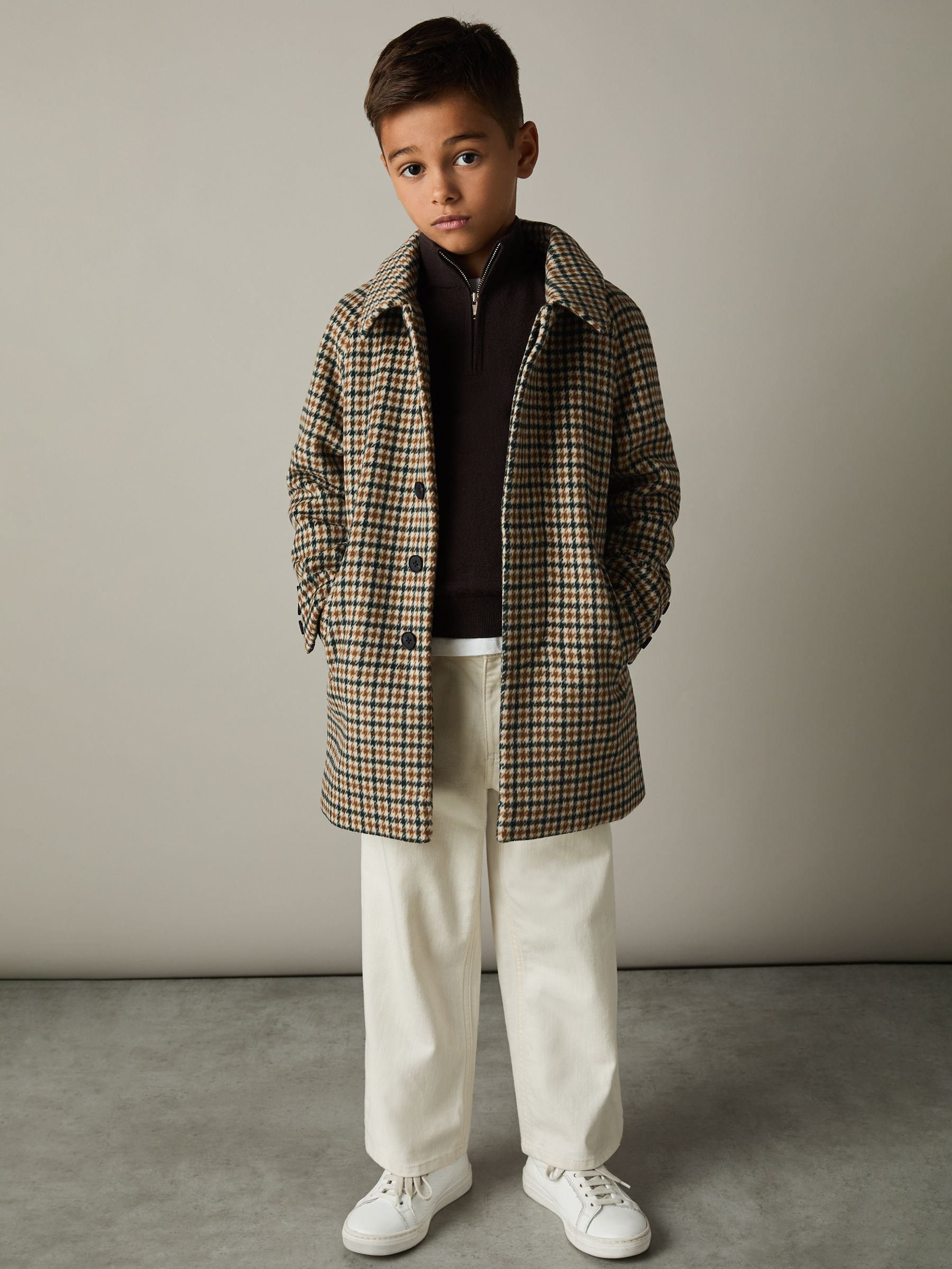 Wool-Blend Shephard’s-Check Coat in Brown Multi - Image 3 of 4