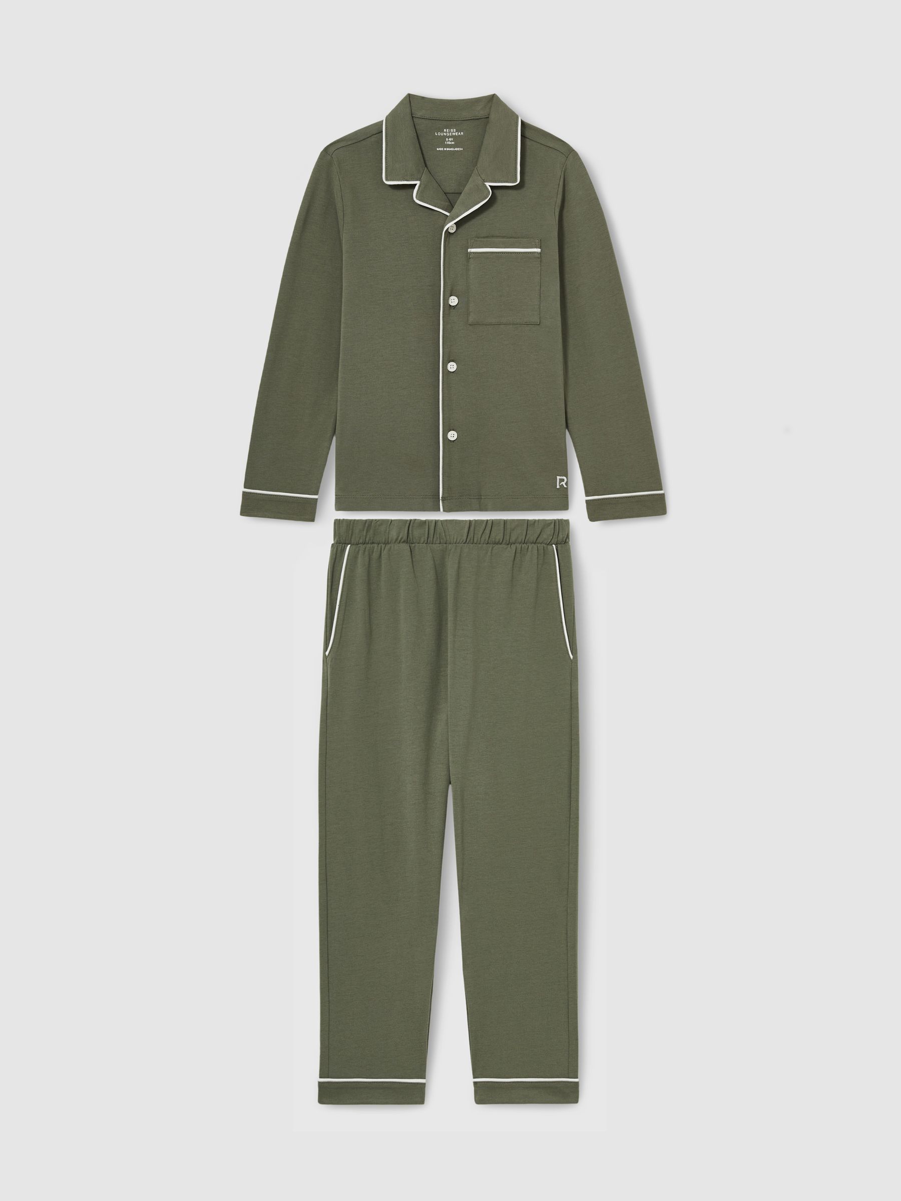 Brushed-Cotton Piped-Trim Pyjama Set in Sage Green - Image 1 of 6