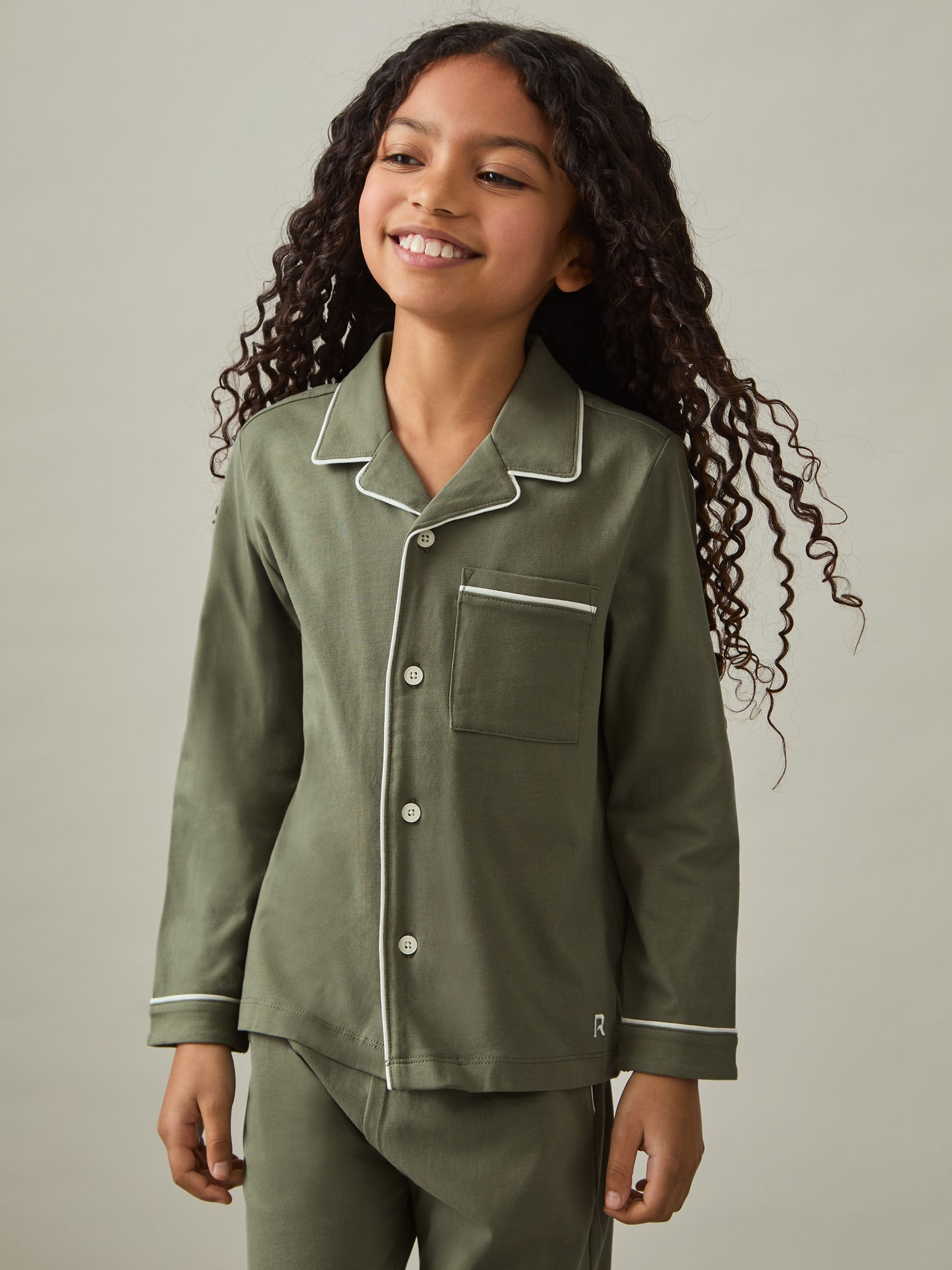 Brushed-Cotton Piped-Trim Pyjama Set in Sage Green - Image 4 of 6