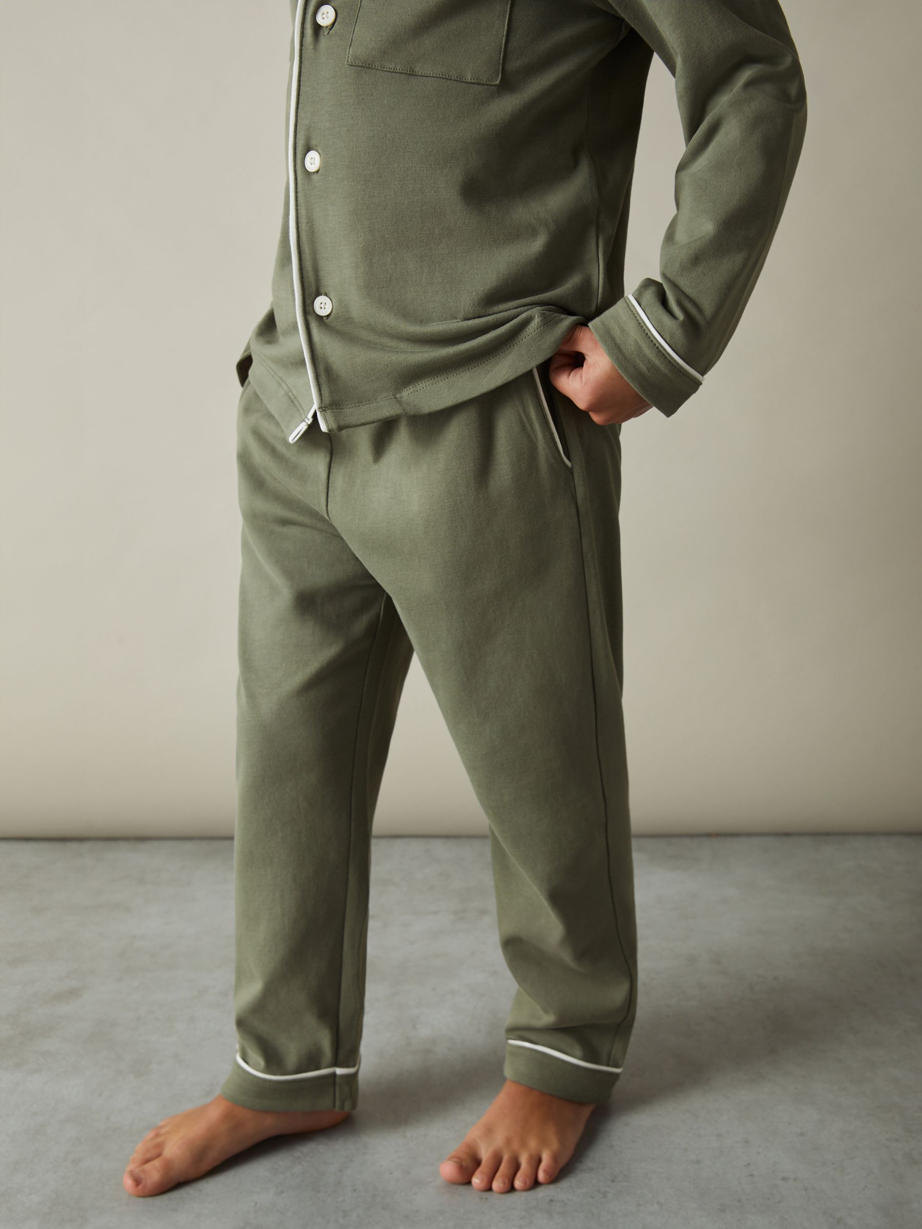 Brushed-Cotton Piped-Trim Pyjama Set in Sage Green - Image 5 of 6