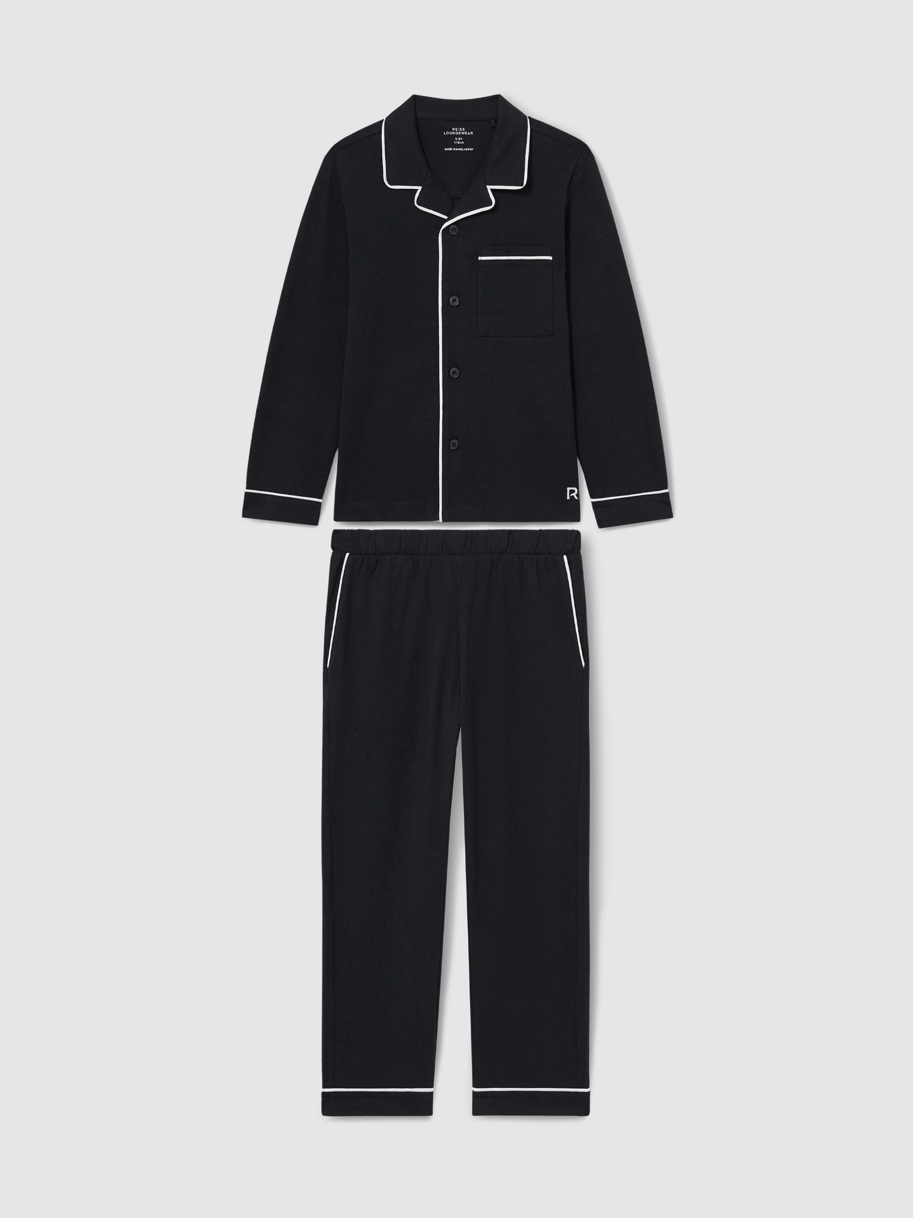 Brushed-Cotton Piped-Trim Pyjamas Set in Navy - Image 1 of 4