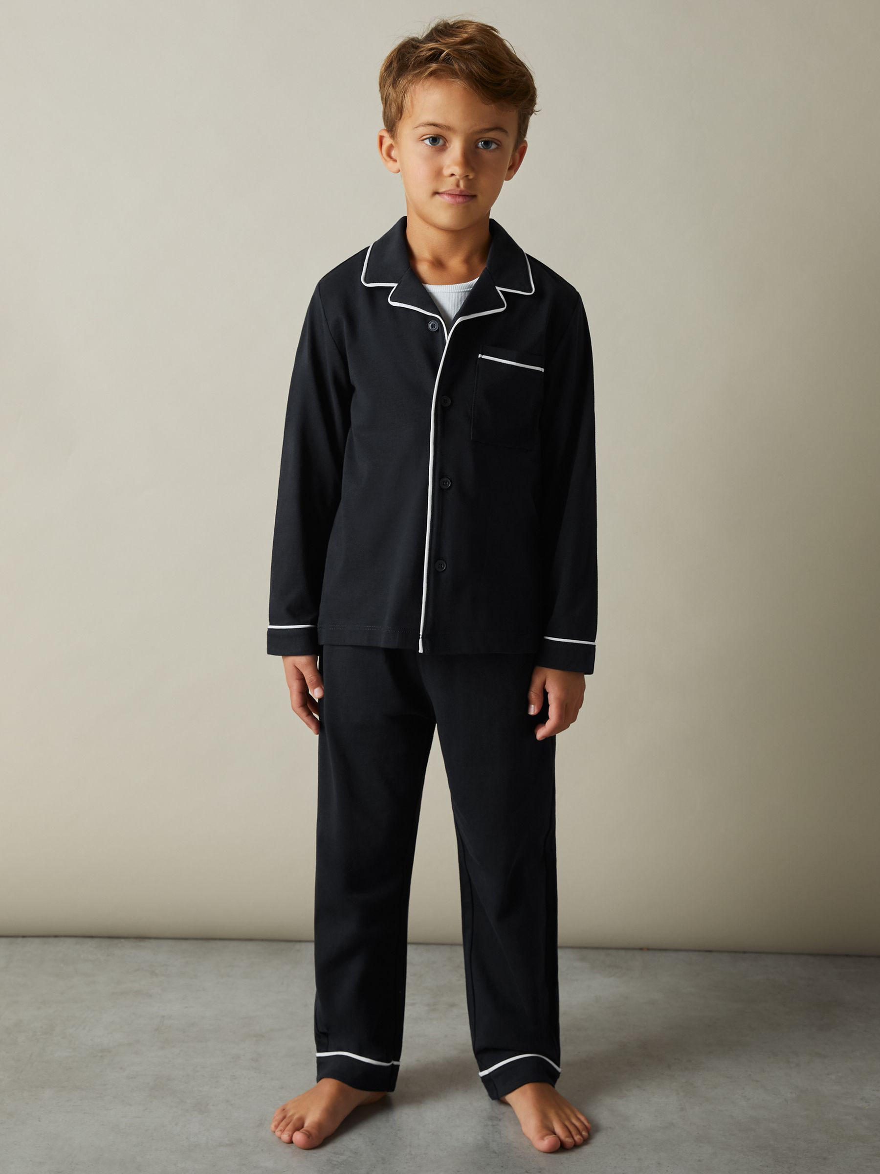 Brushed-Cotton Piped-Trim Pyjamas Set in Navy - Image 2 of 4