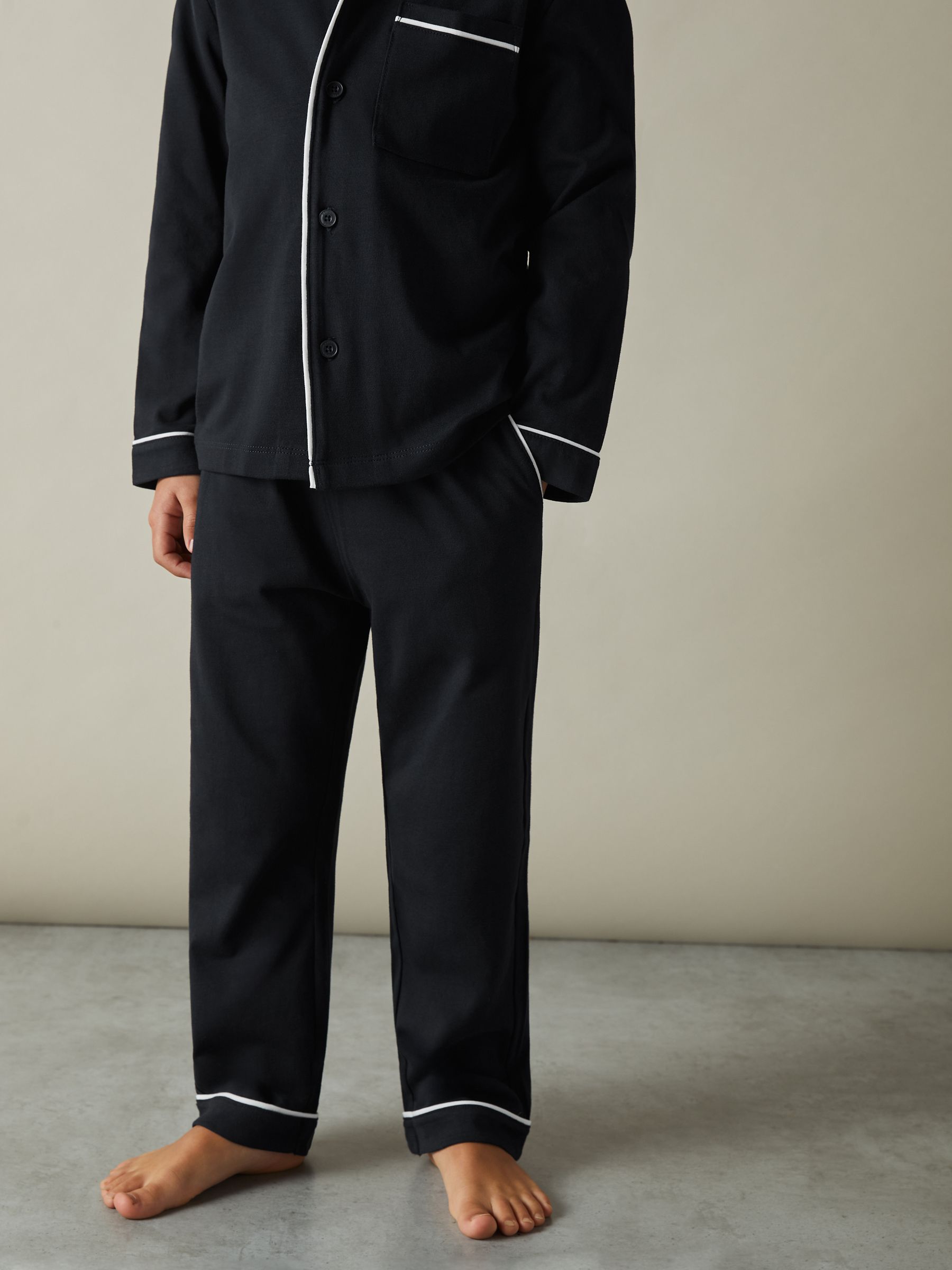 Brushed-Cotton Piped-Trim Pyjamas Set in Navy - Image 3 of 4