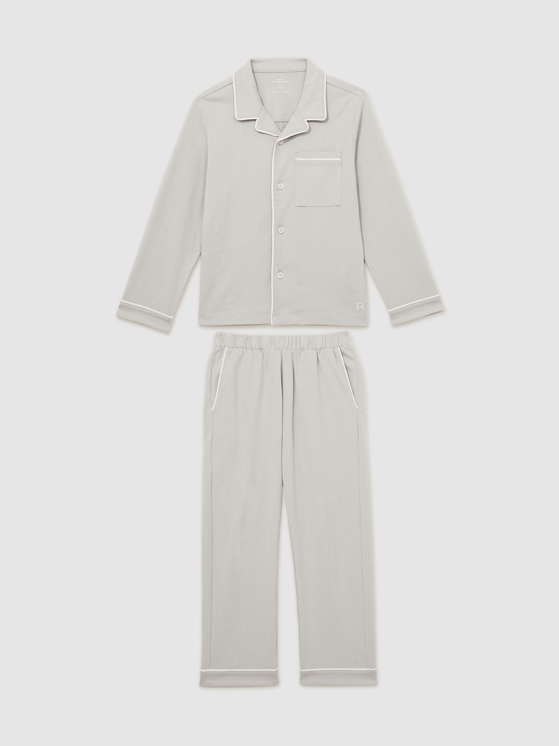 Brushed-Cotton Piped-Trim Pyjama Set in Soft Grey - Image 1 of 7