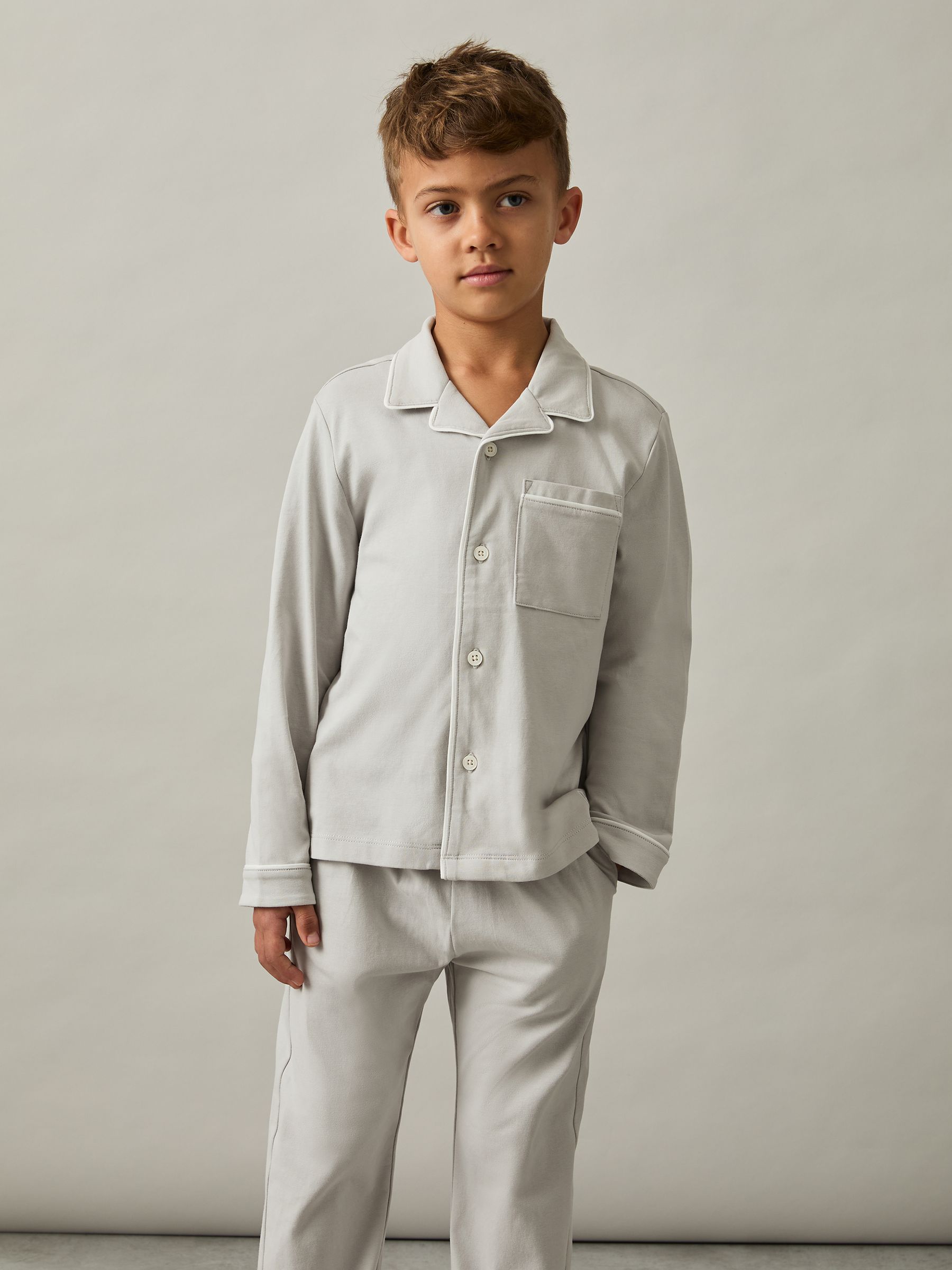 Brushed-Cotton Piped-Trim Pyjama Set in Soft Grey - Image 2 of 7