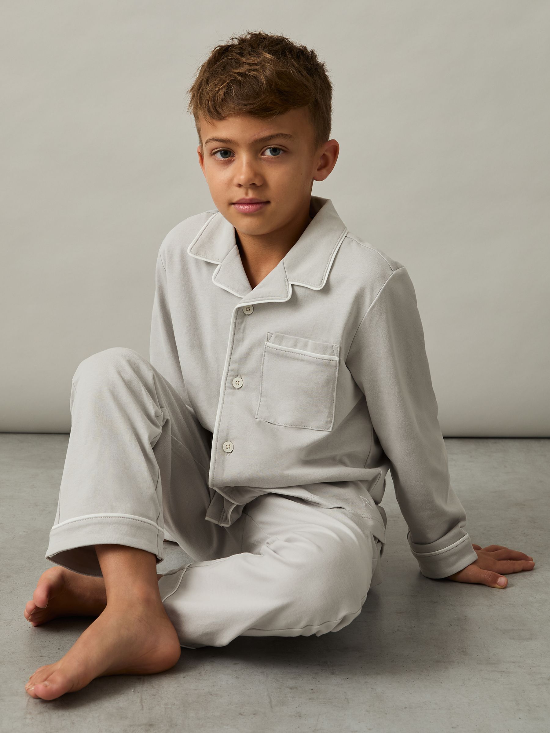 Brushed-Cotton Piped-Trim Pyjama Set in Soft Grey - Image 4 of 7