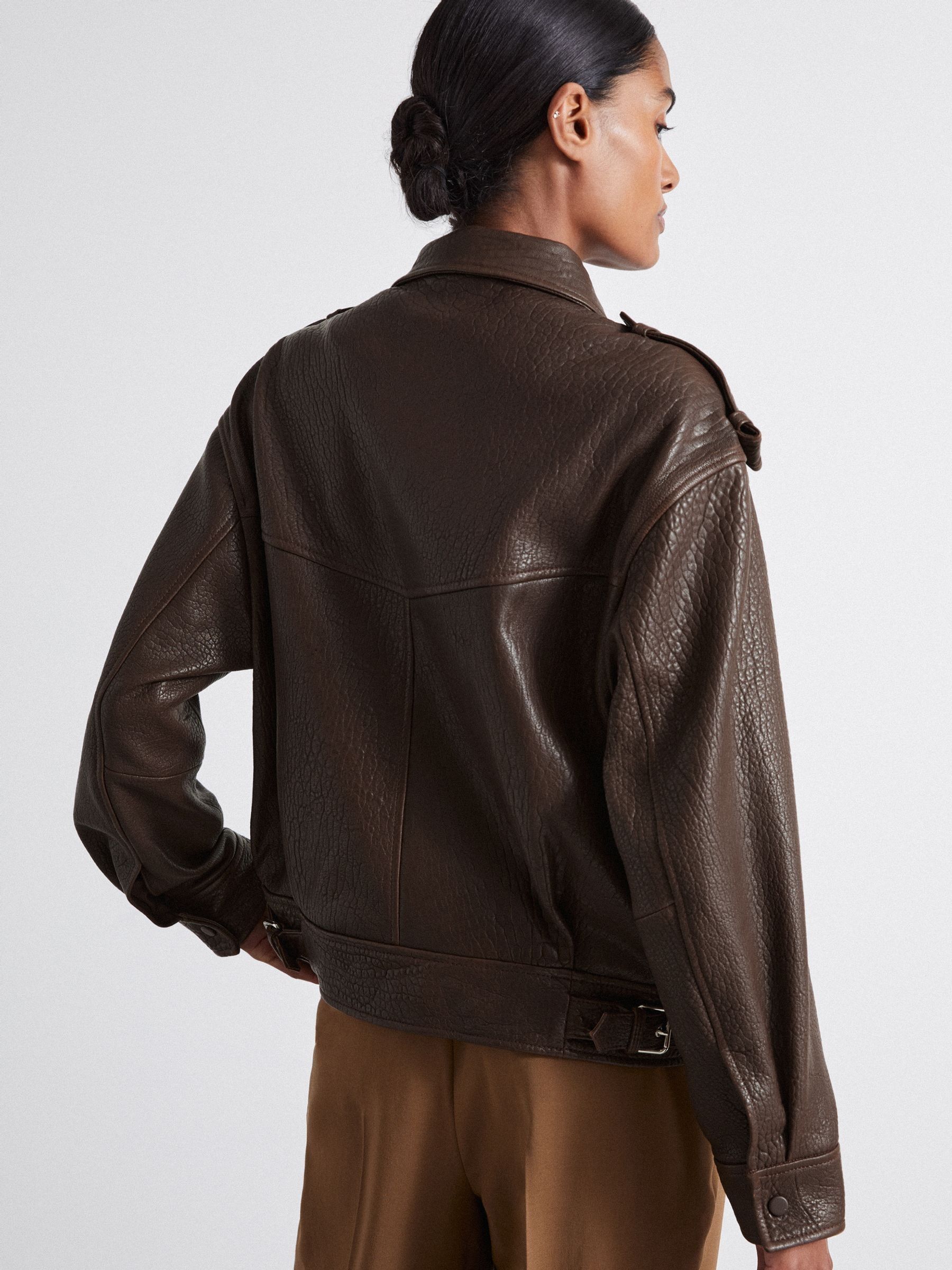 Reiss Atelier Grained Leather Jacket in Chocolate | REISS