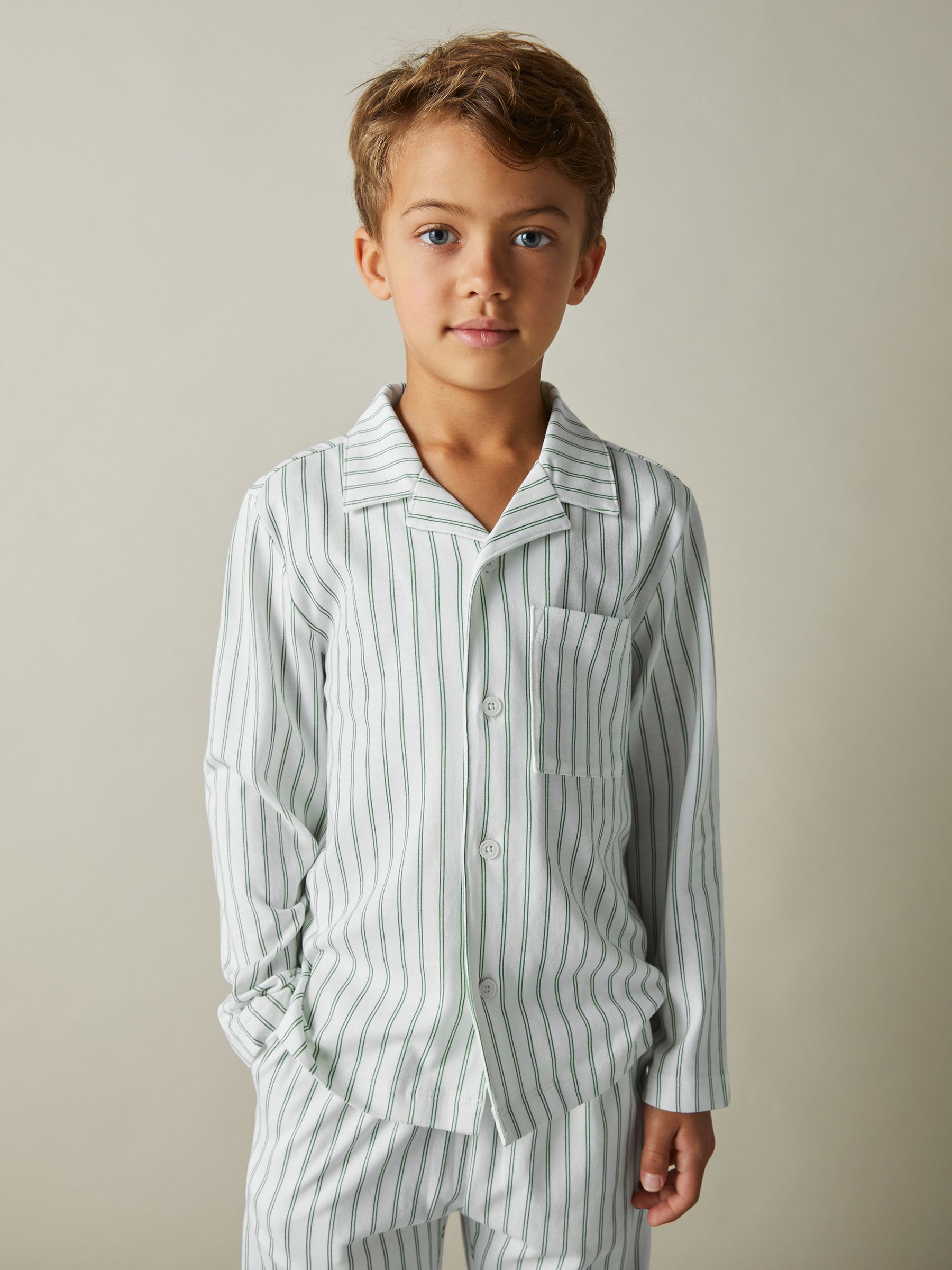 13-14 yrs Brushed-Cotton Striped Pyjamas Set in Sage Green/White Stripe - Image 5 of 6