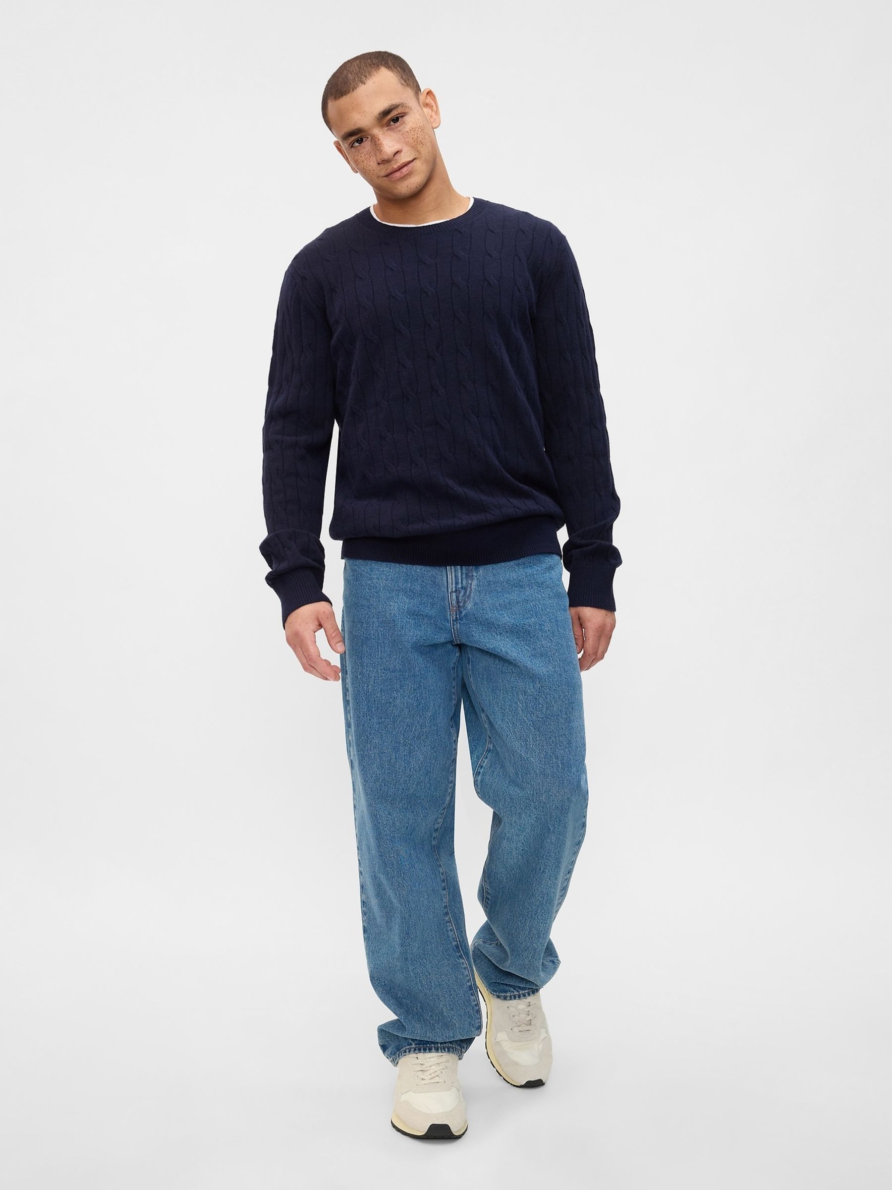 Navy Blue CashSoft Cable Knit Crew Neck Jumper - Image 3 of 4
