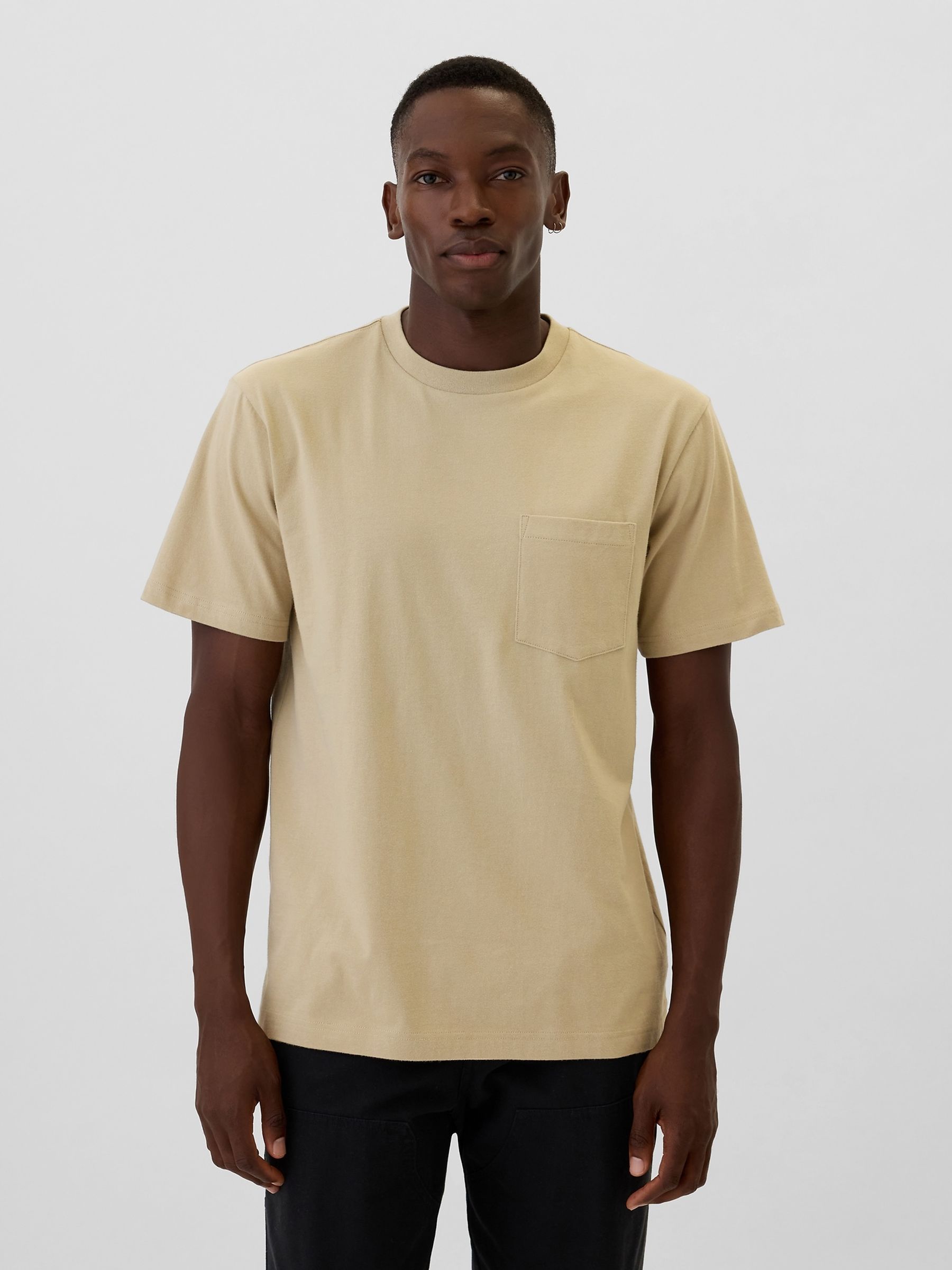 Beige Original Pocket 100% Cotton Crew Neck Short Sleeve T-Shirt - Image 1 of 4