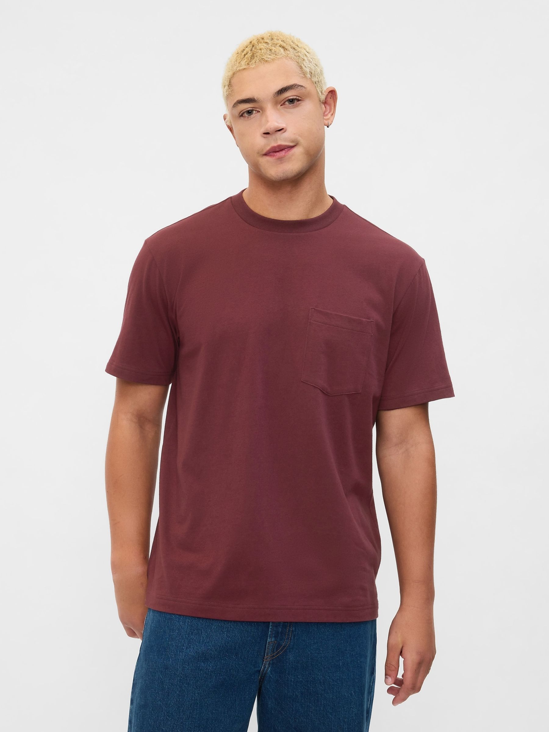 Burgundy Red Original Pocket 100% Cotton Crew Neck Short Sleeve T-Shirt - Image 1 of 4