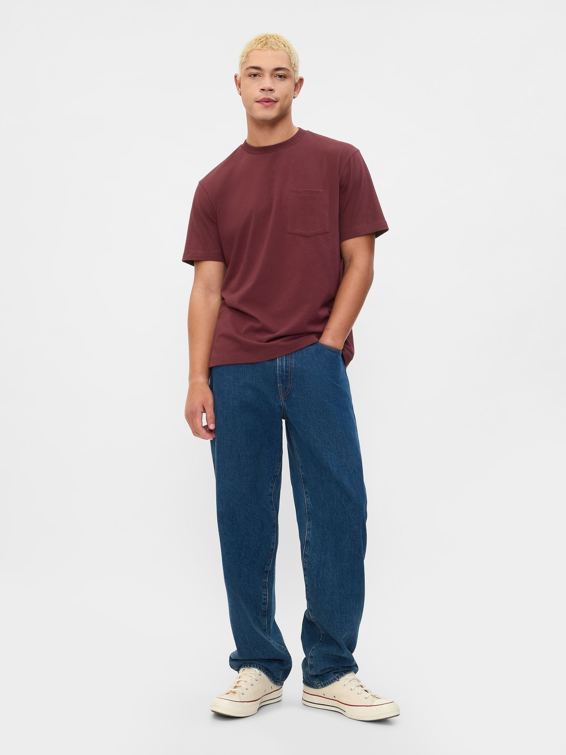 Burgundy Red Original Pocket 100% Cotton Crew Neck Short Sleeve T-Shirt - Image 3 of 4