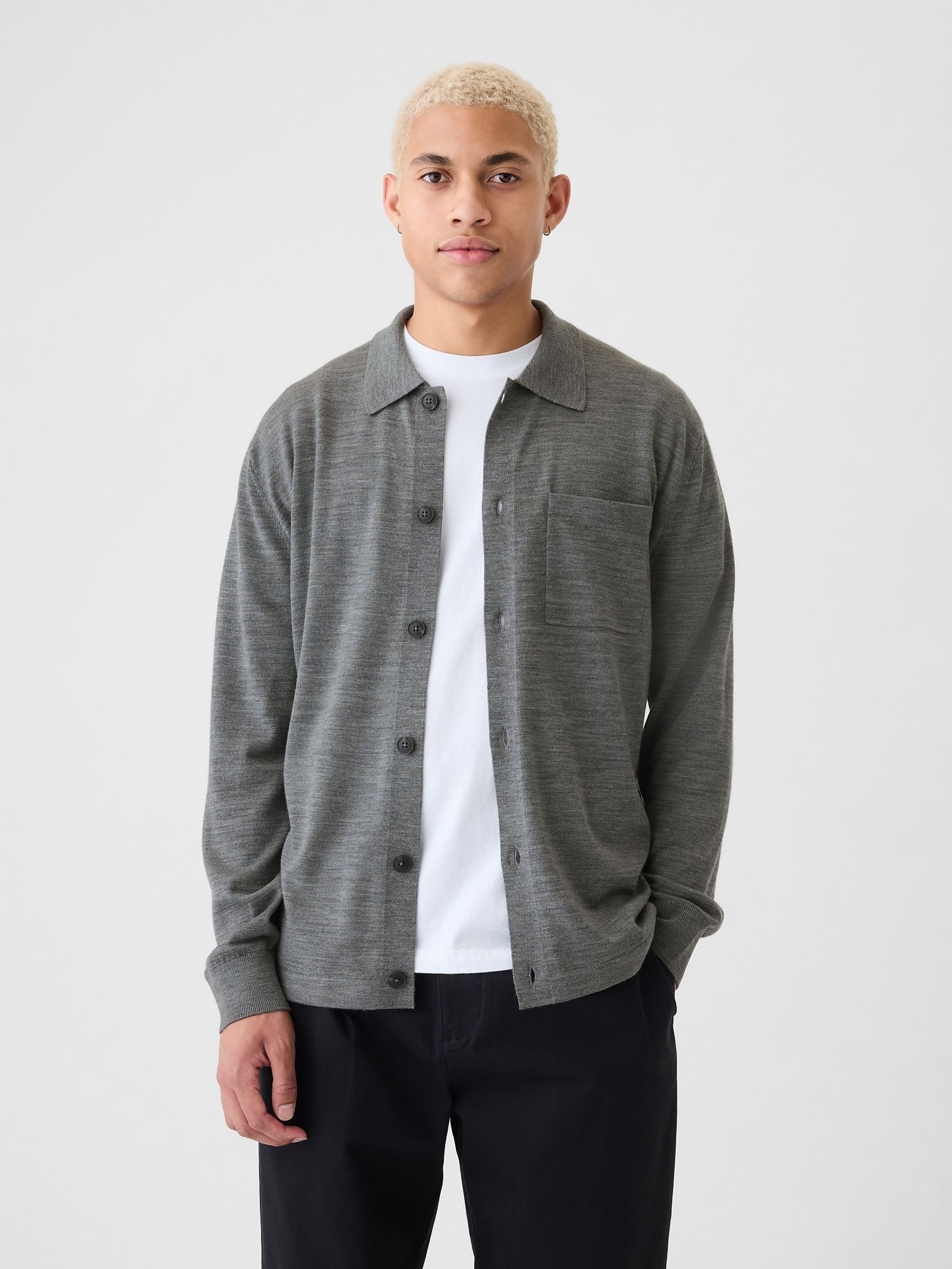 Grey Merino Wool Long Sleeve Button Shirt - Image 1 of 5