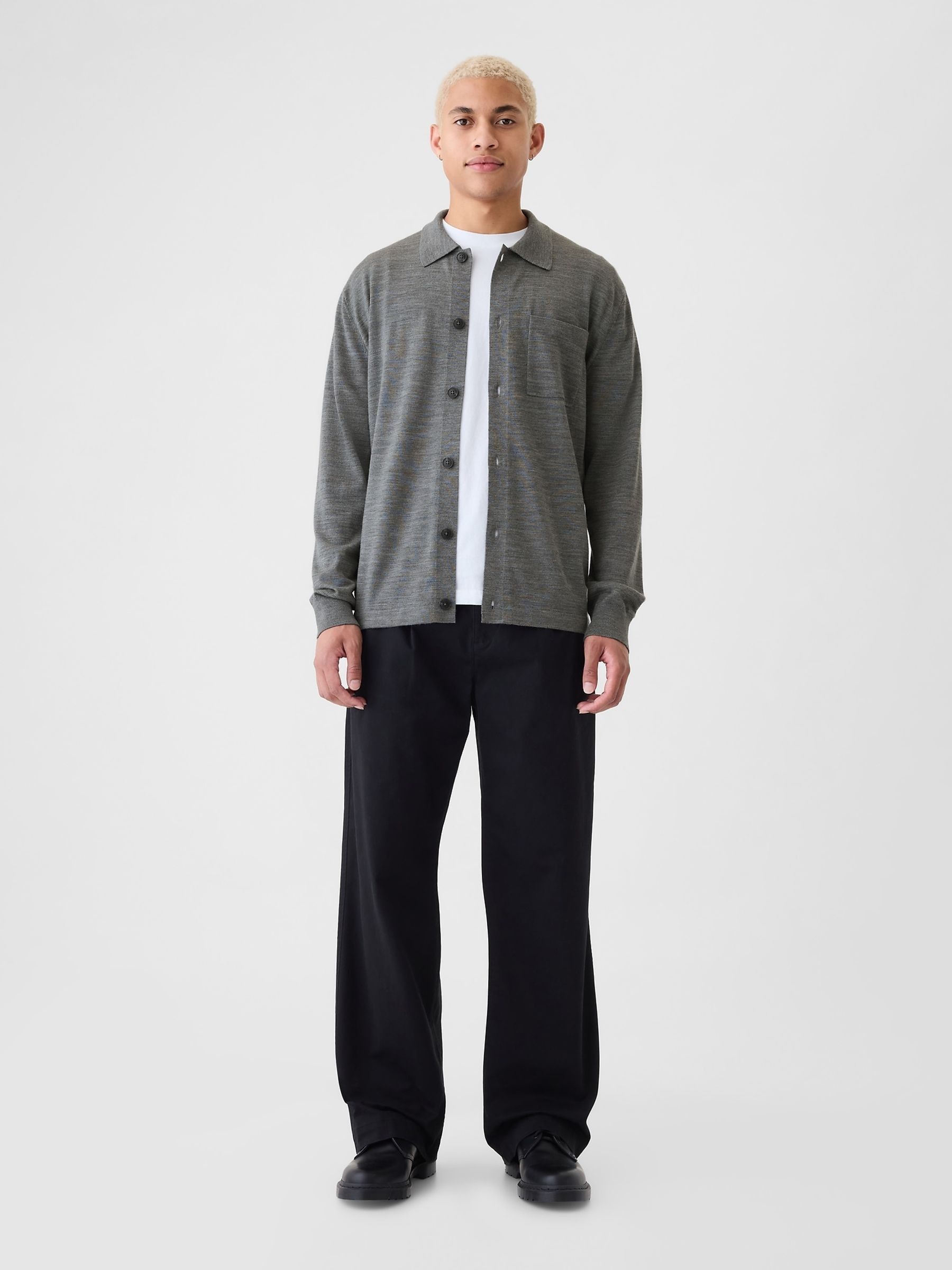Grey Merino Wool Long Sleeve Button Shirt - Image 3 of 5