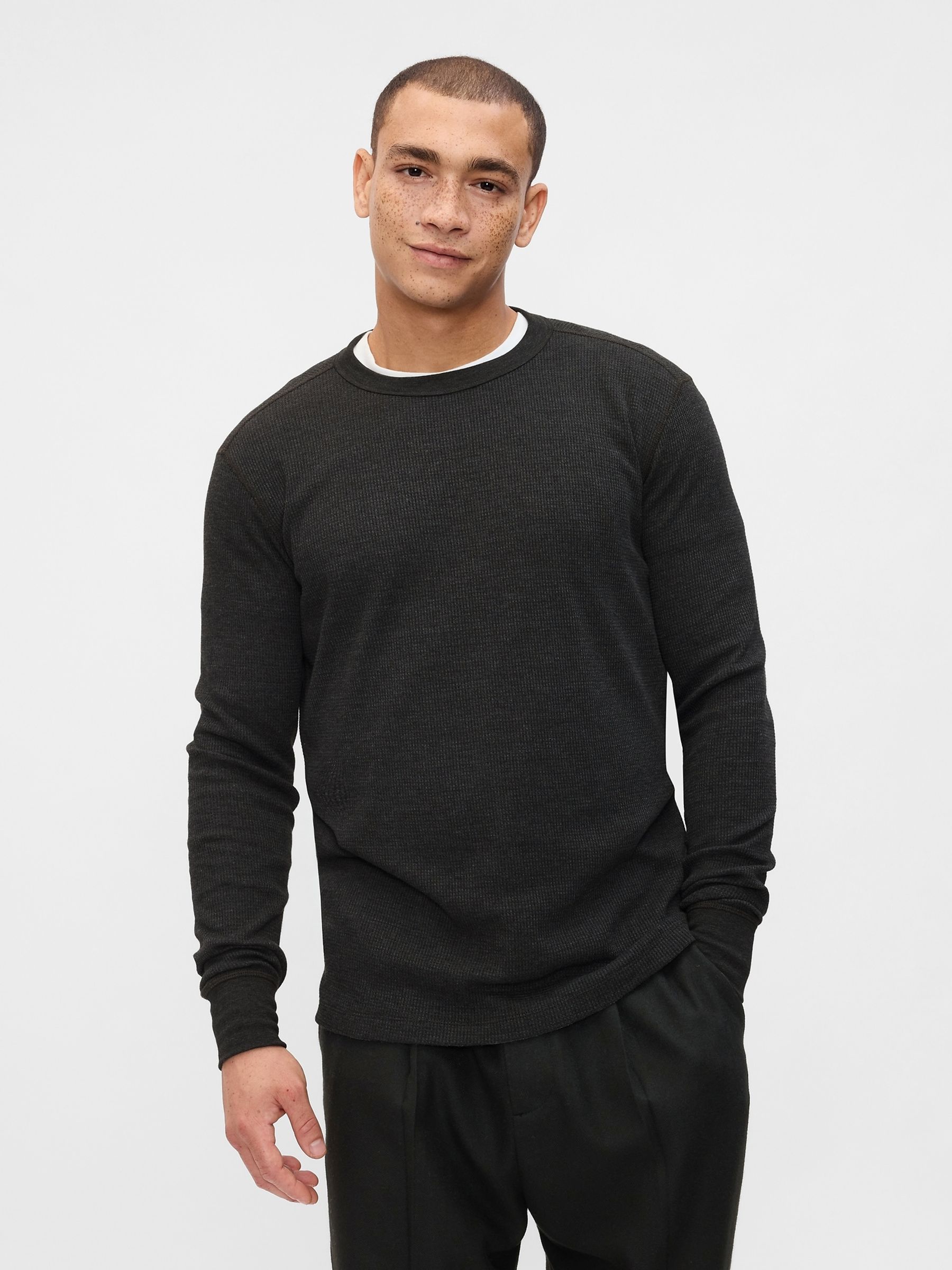 Dark Grey Textured Waffle Knit Long Sleeve Crew Neck T-Shirt - Image 1 of 4