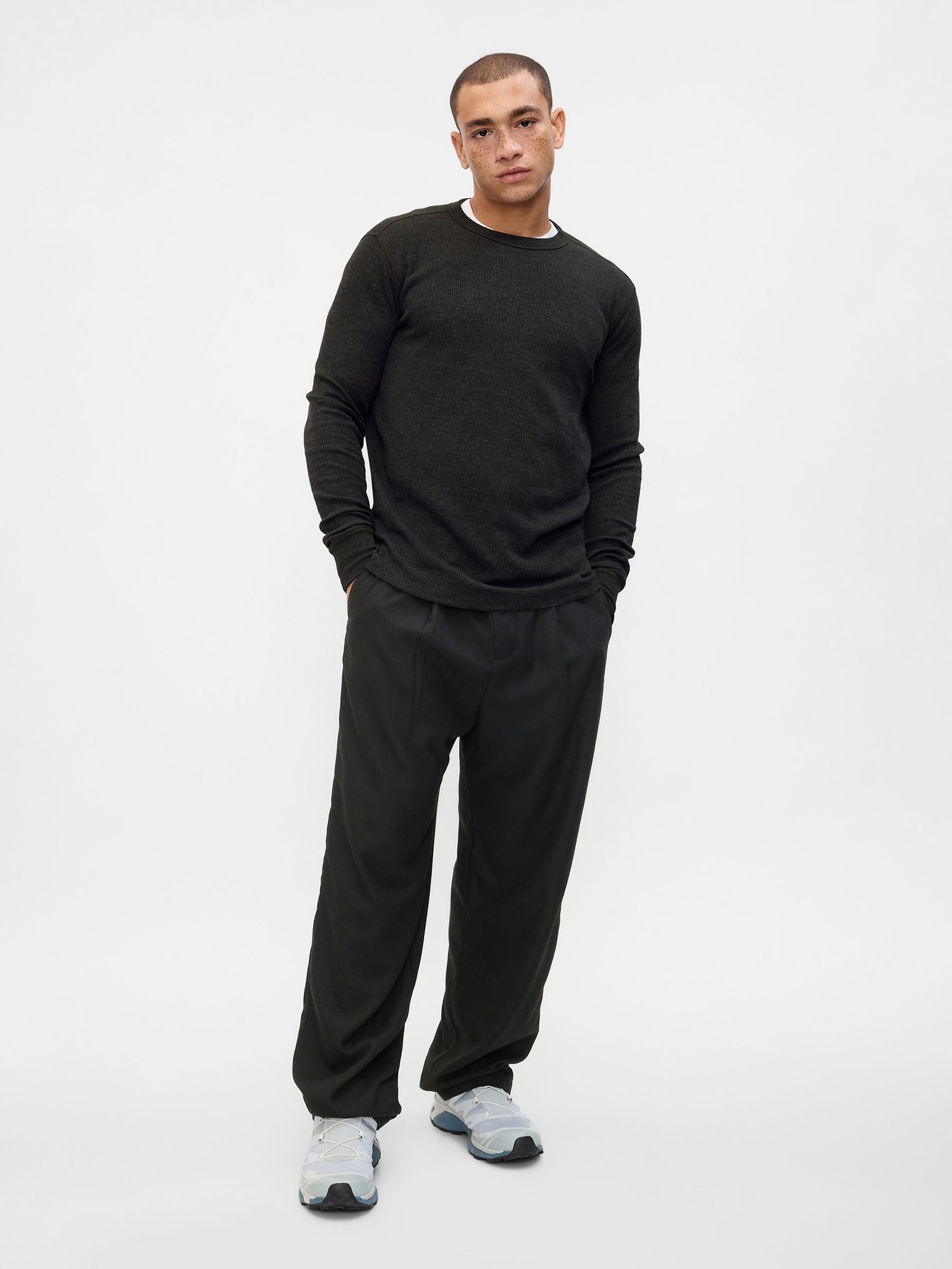 Dark Grey Textured Waffle Knit Long Sleeve Crew Neck T-Shirt - Image 3 of 4