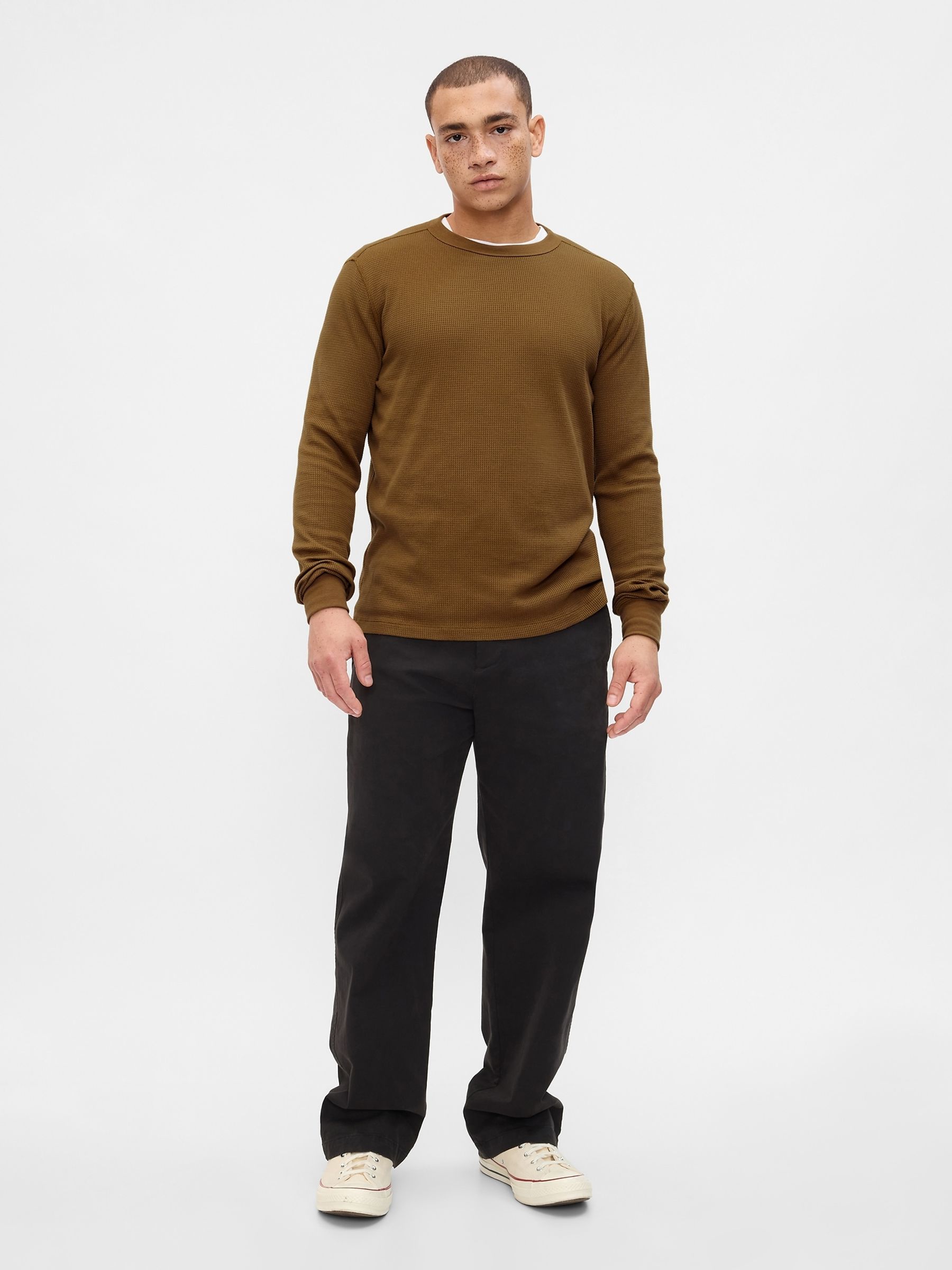 Brown Textured Waffle Knit Long Sleeve Crew Neck T-Shirt - Image 2 of 4