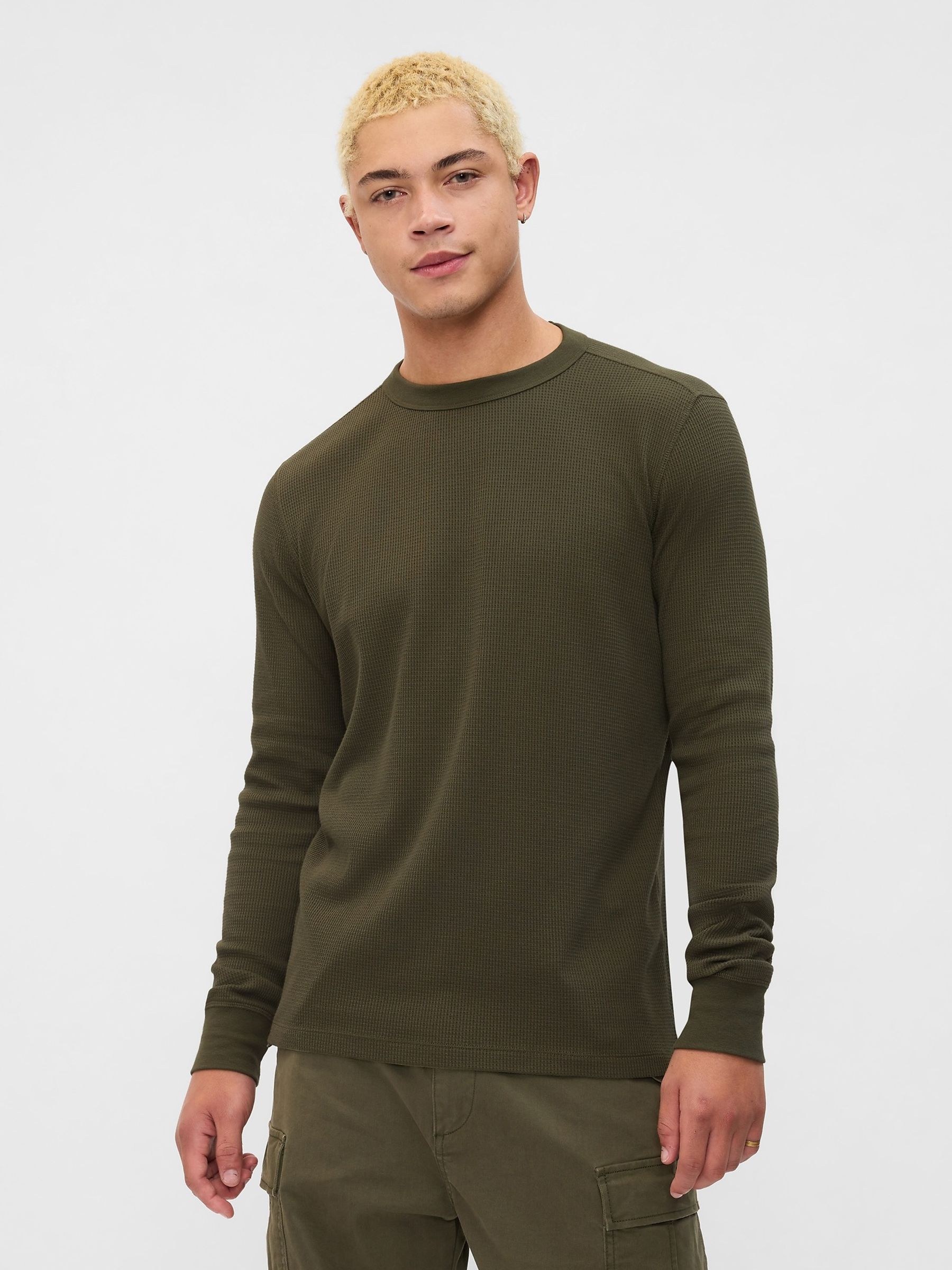 Green Textured Waffle Knit Long Sleeve Crew Neck T-Shirt - Image 1 of 4