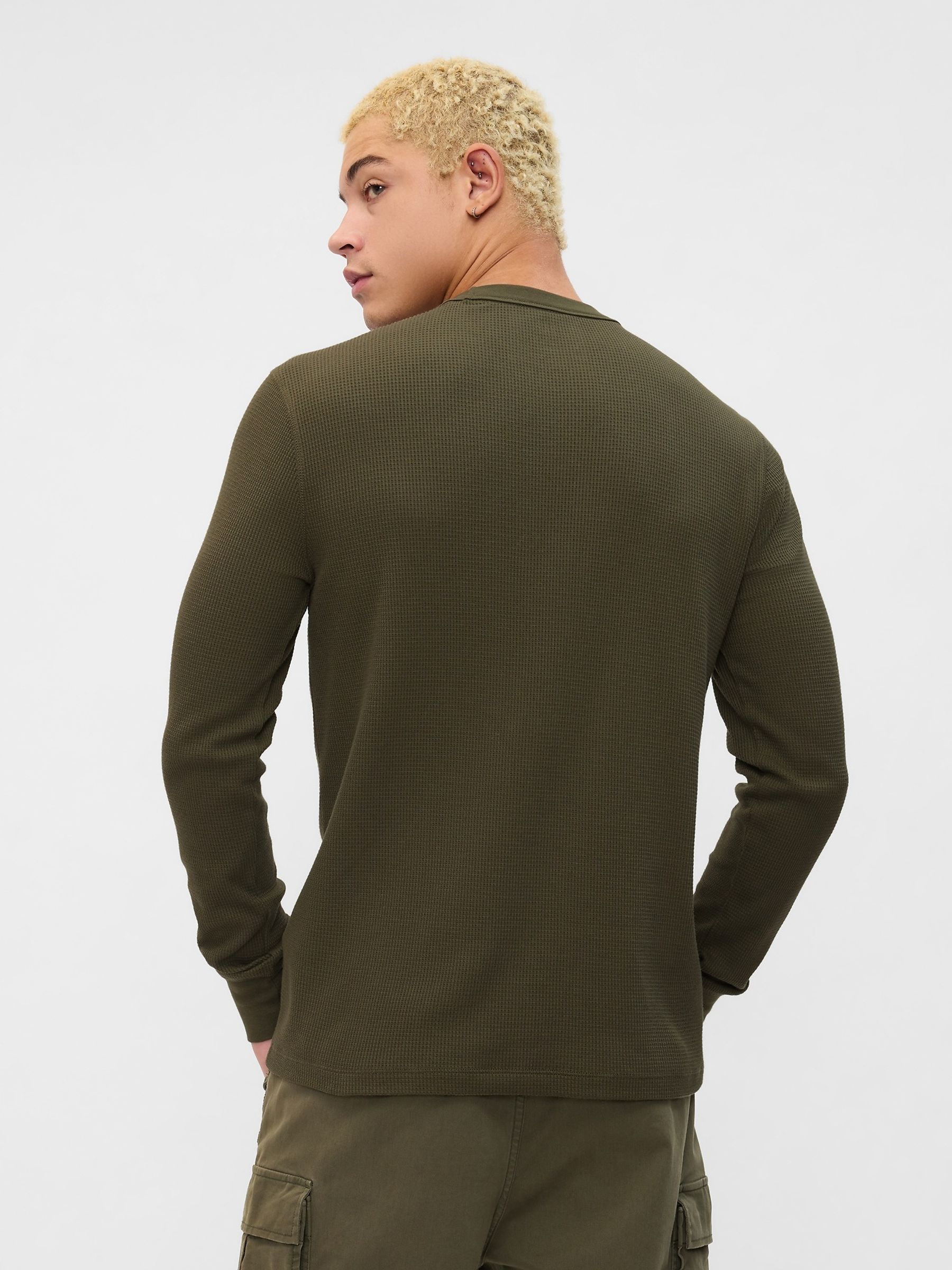 Green Textured Waffle Knit Long Sleeve Crew Neck T-Shirt - Image 2 of 4