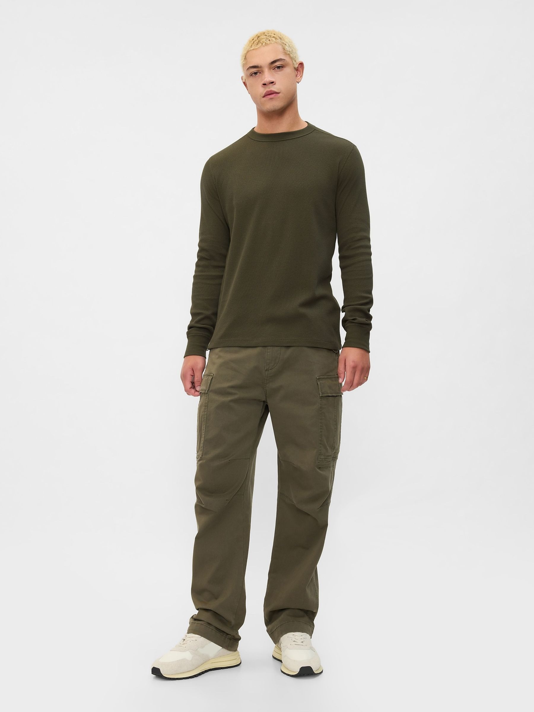 Green Textured Waffle Knit Long Sleeve Crew Neck T-Shirt - Image 3 of 4