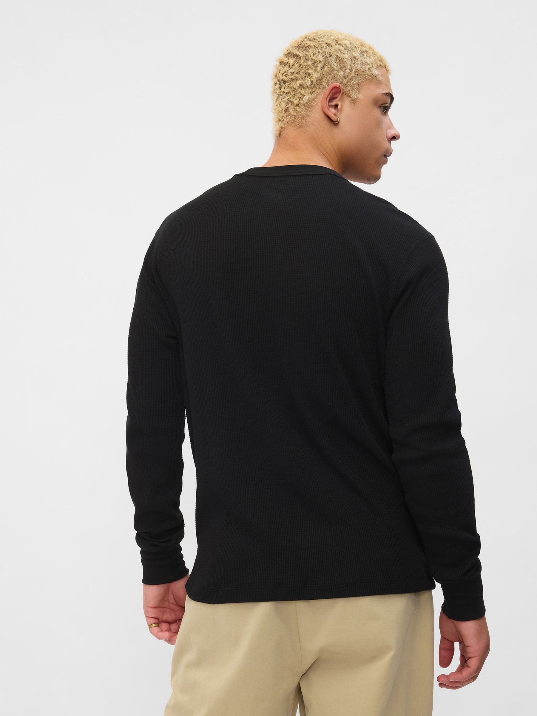 Black Textured Waffle Knit Long Sleeve Crew Neck T-Shirt - Image 1 of 4