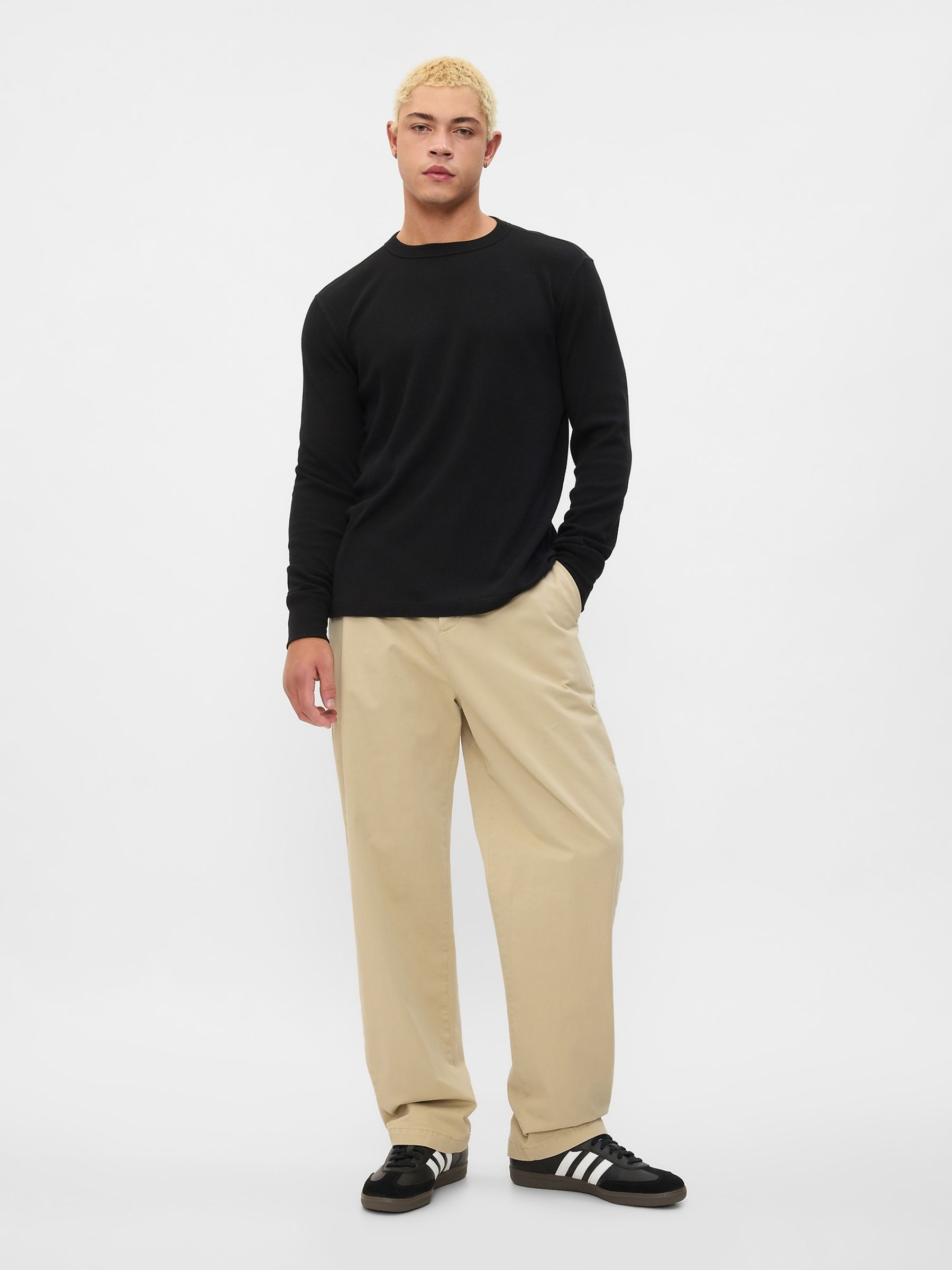 Black Textured Waffle Knit Long Sleeve Crew Neck T-Shirt - Image 2 of 4