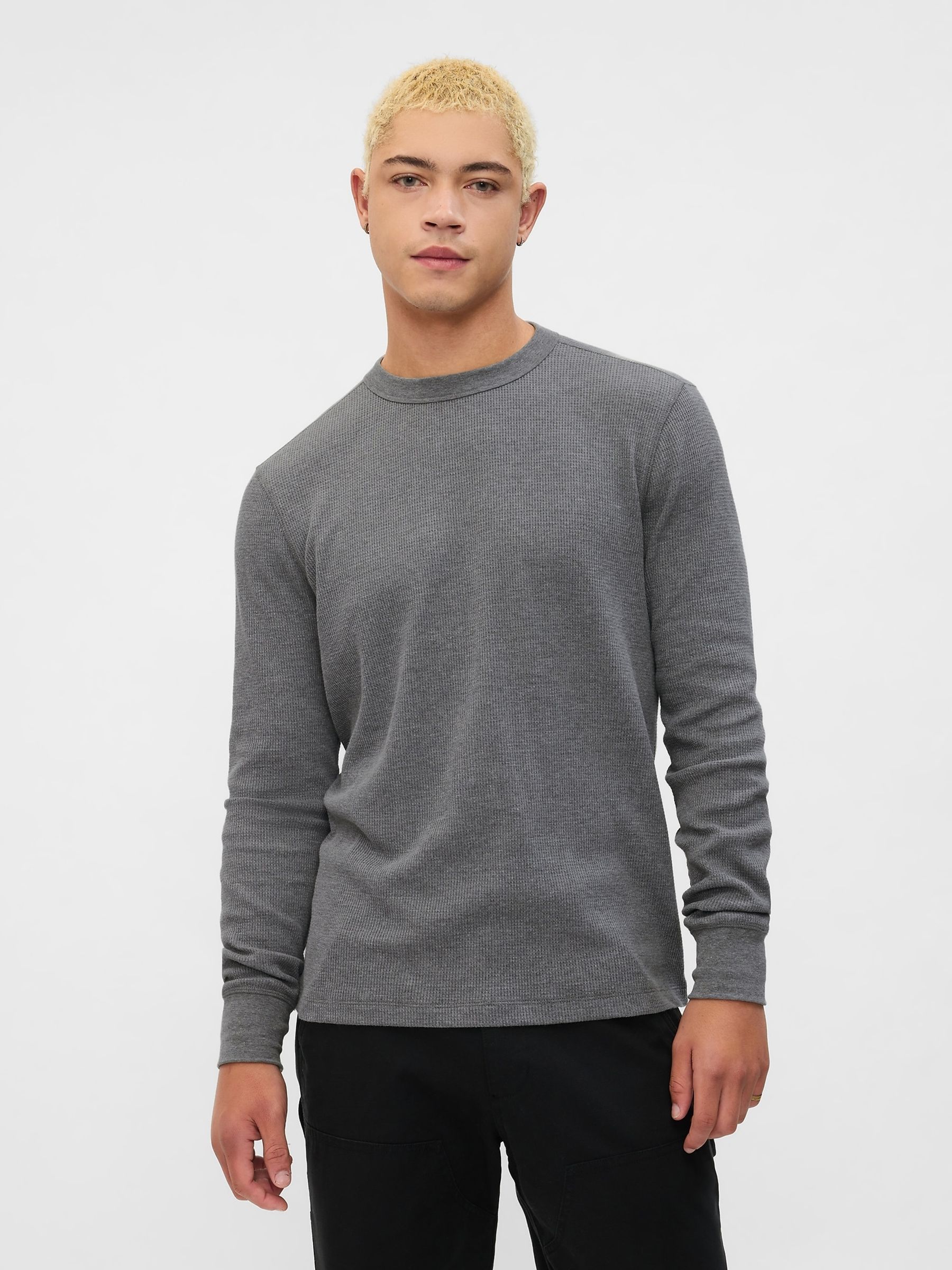 Grey Textured Waffle Knit Long Sleeve Crew Neck T-Shirt - Image 1 of 4
