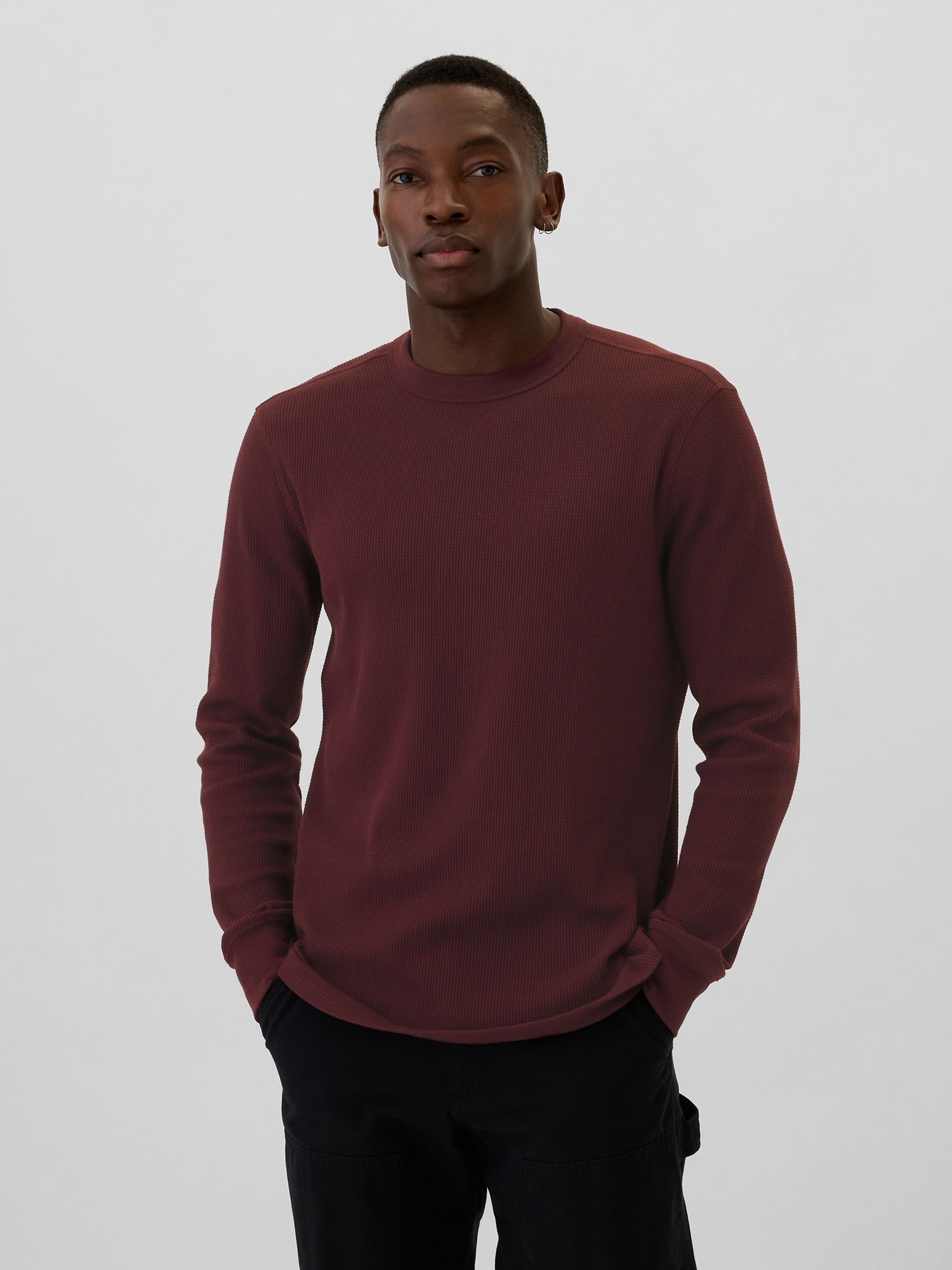 Burgundy Red Textured Waffle Knit Long Sleeve Crew Neck T-Shirt - Image 1 of 4