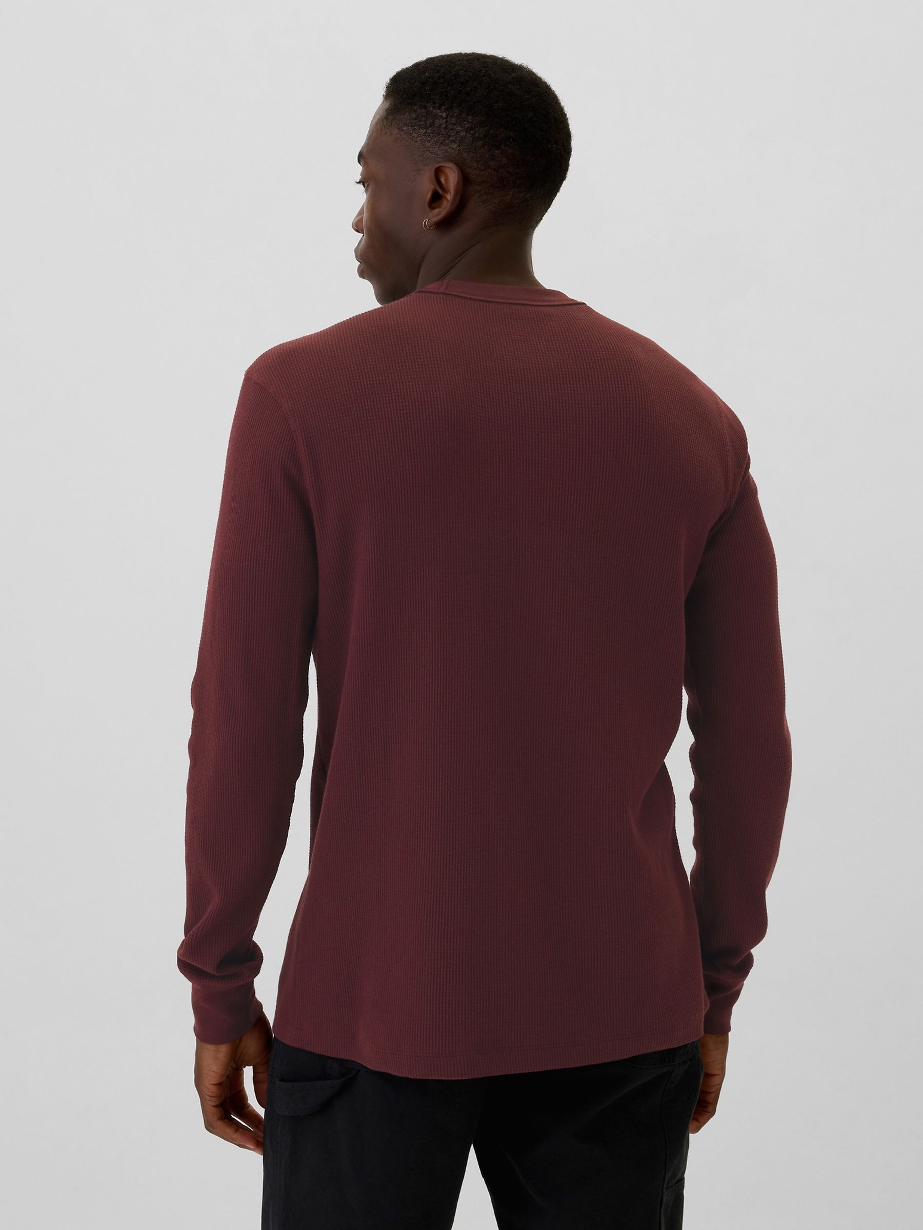 Burgundy Red Textured Waffle Knit Long Sleeve Crew Neck T-Shirt - Image 2 of 4