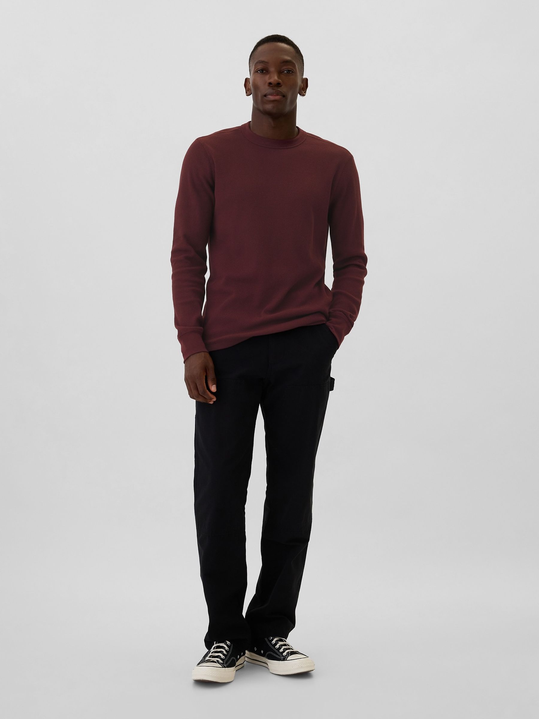 Burgundy Red Textured Waffle Knit Long Sleeve Crew Neck T-Shirt - Image 3 of 4