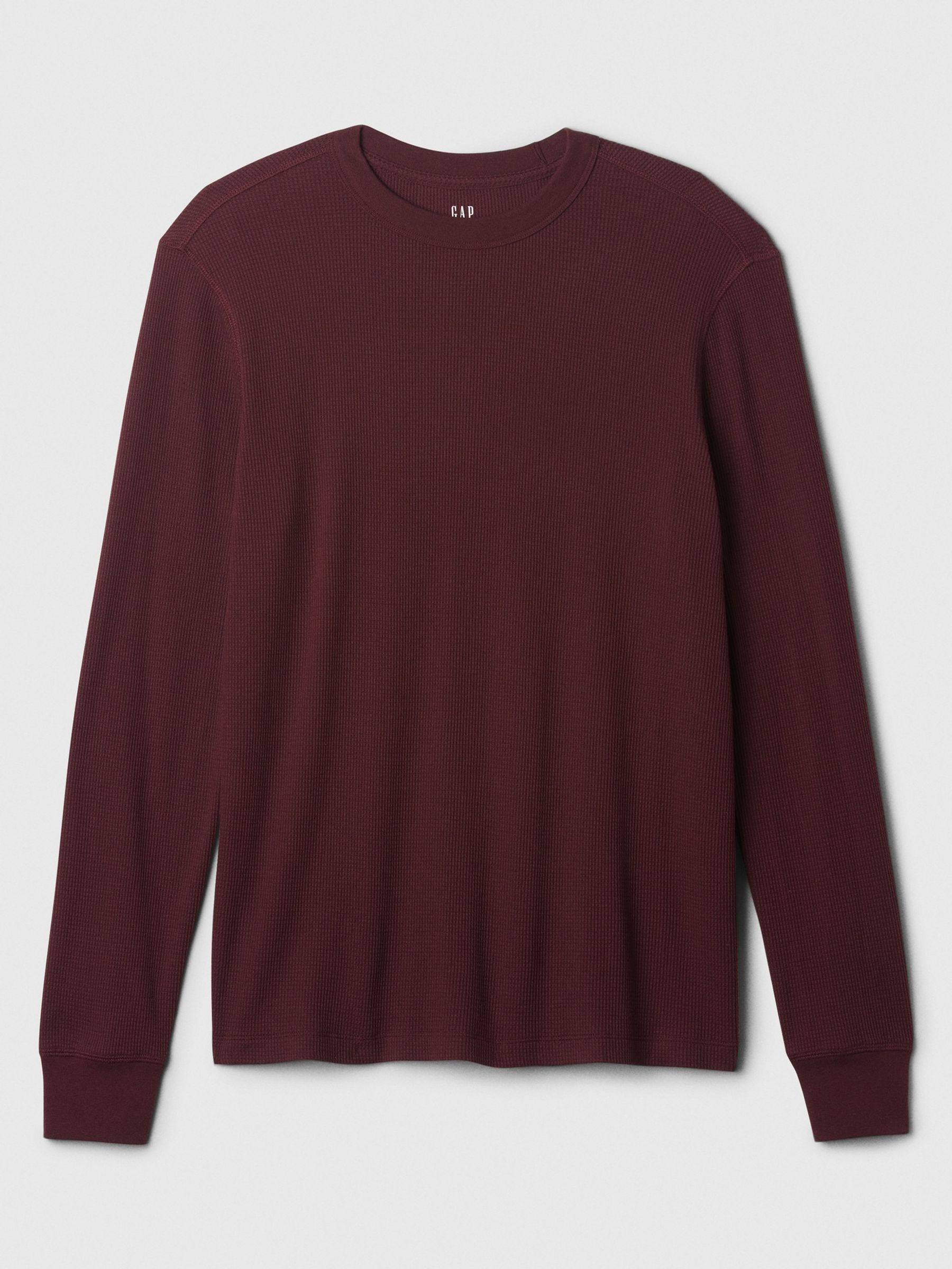 Burgundy Red Textured Waffle Knit Long Sleeve Crew Neck T-Shirt - Image 4 of 4