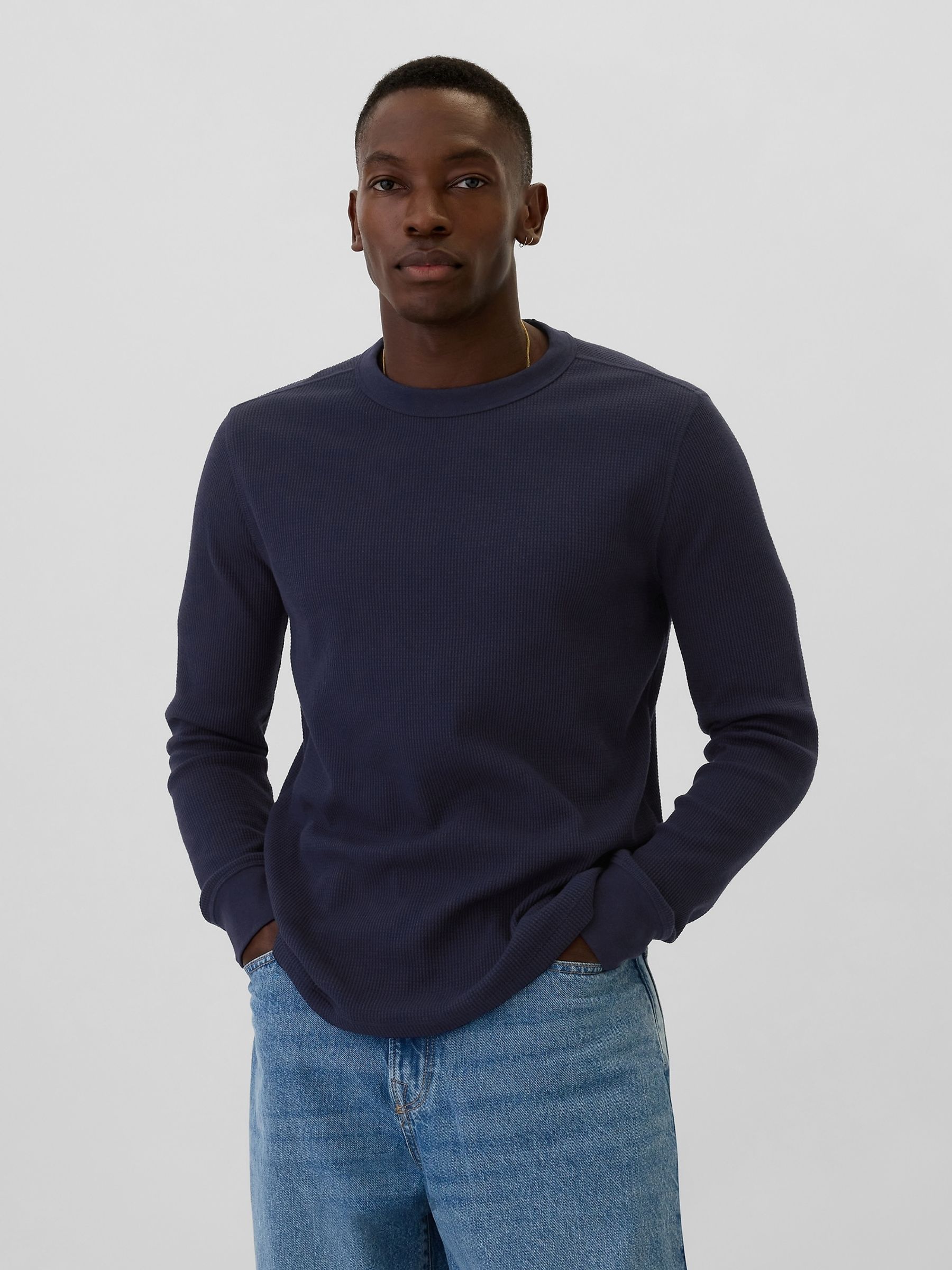Navy Blue Textured Waffle Knit Long Sleeve Crew Neck T-Shirt - Image 1 of 4