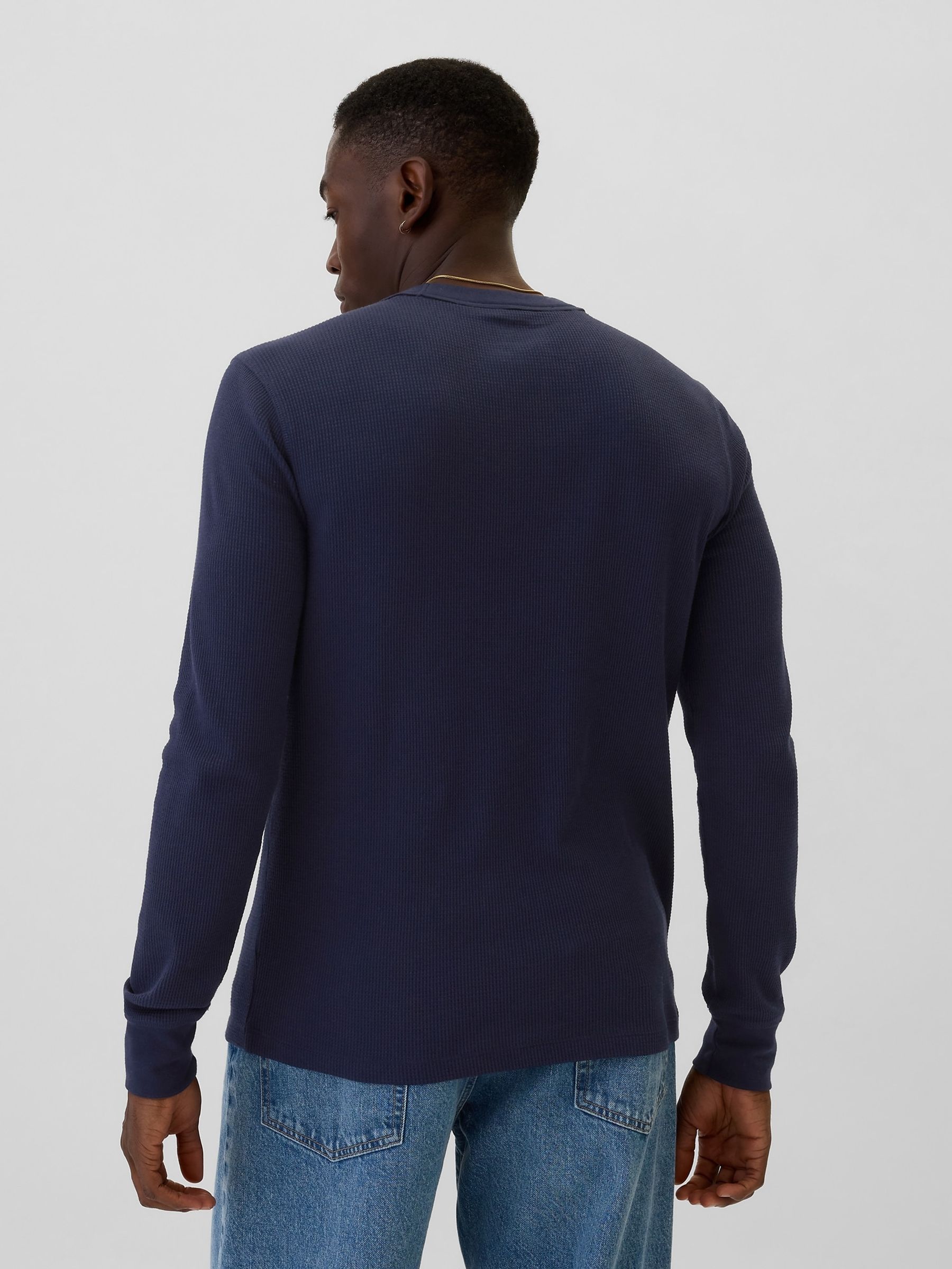 Navy Blue Textured Waffle Knit Long Sleeve Crew Neck T-Shirt - Image 2 of 4