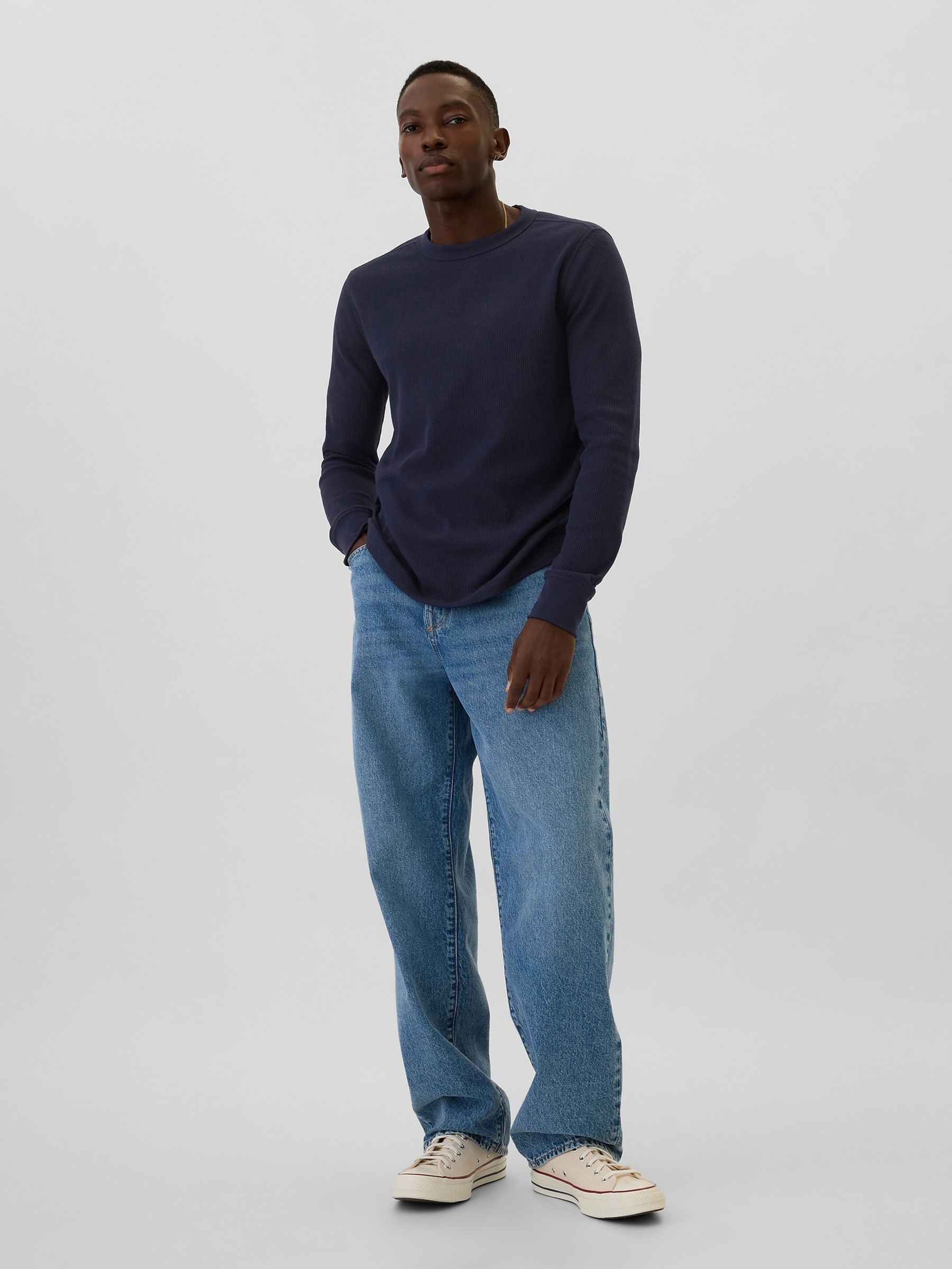 Navy Blue Textured Waffle Knit Long Sleeve Crew Neck T-Shirt - Image 3 of 4