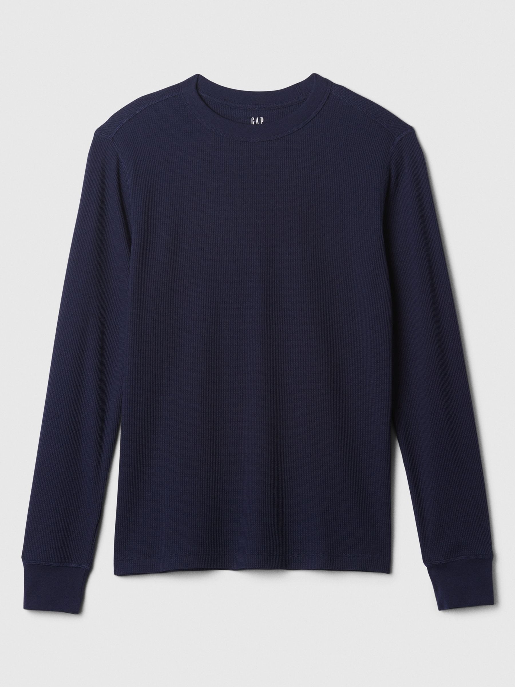 Navy Blue Textured Waffle Knit Long Sleeve Crew Neck T-Shirt - Image 4 of 4