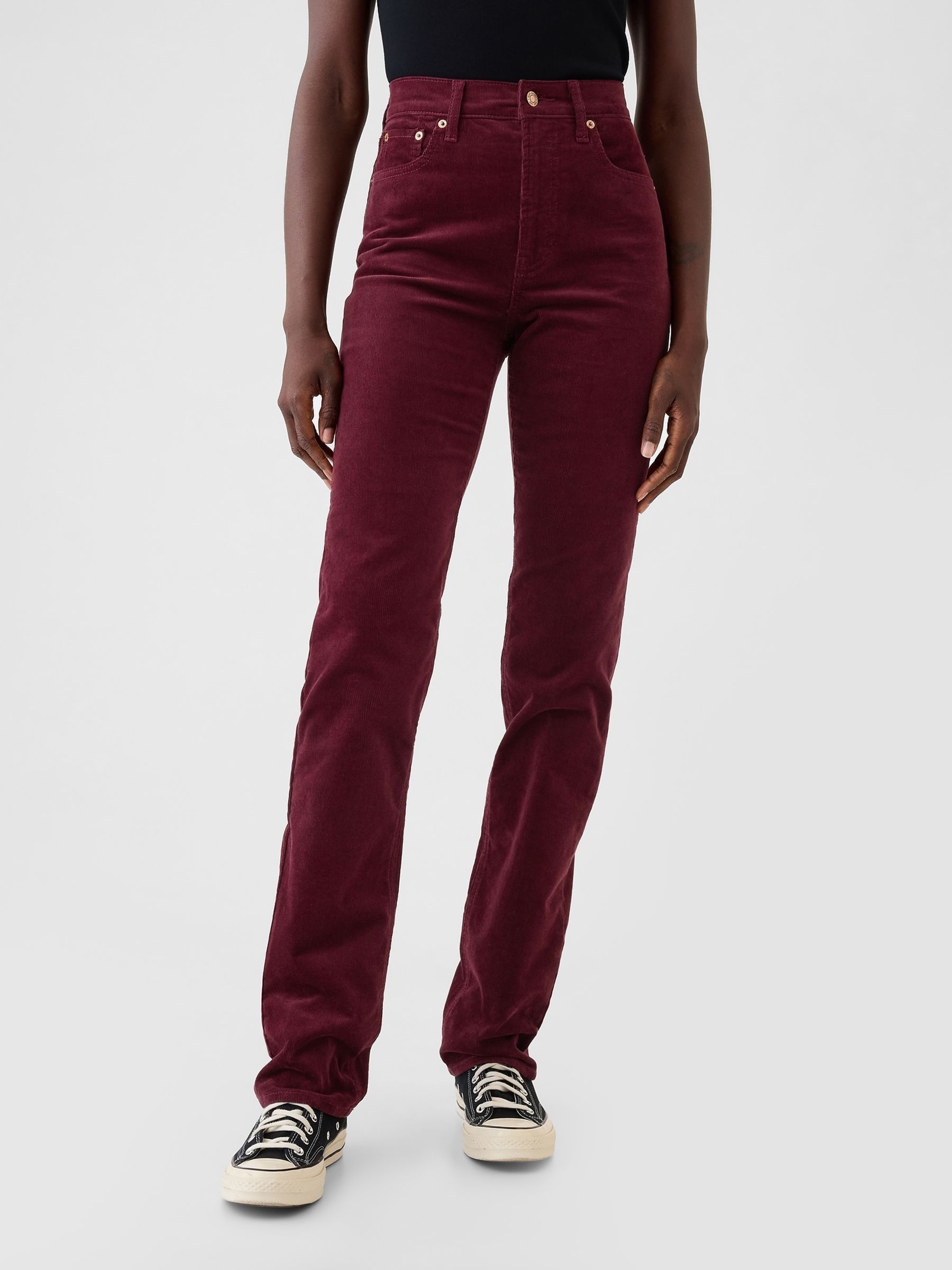 Burgundy Red High Waisted Corduroy 90s Straight Trousers - Image 2 of 6