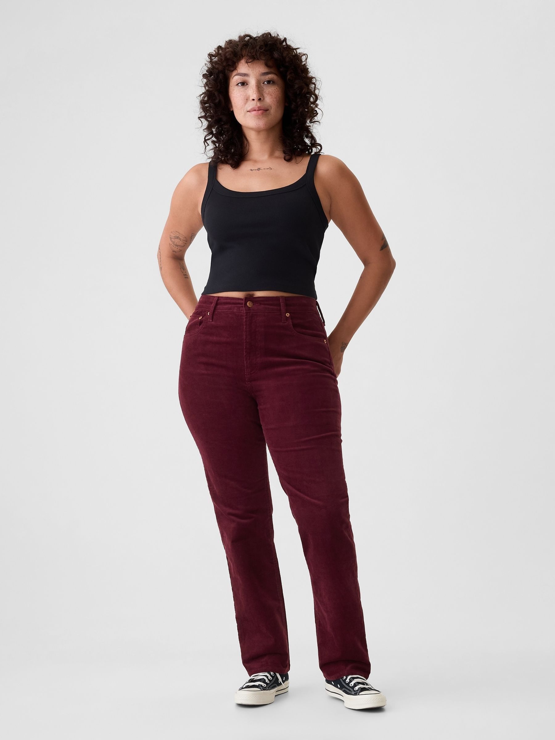Burgundy Red High Waisted Corduroy 90s Straight Trousers - Image 5 of 6
