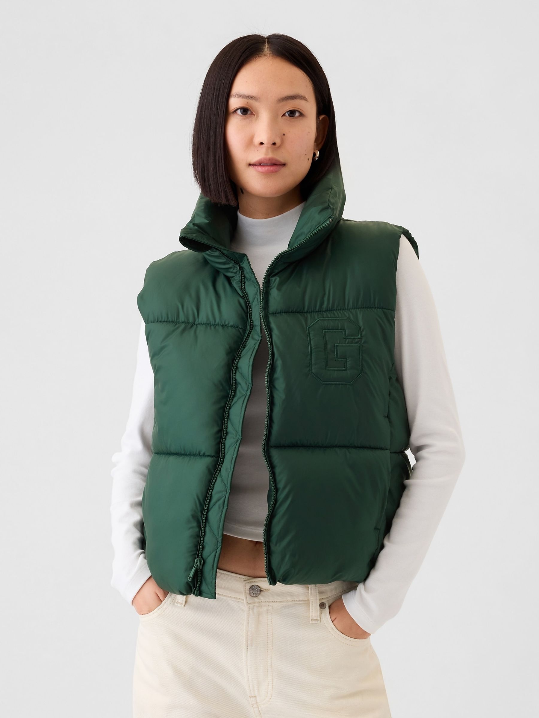 Cropped Vest Gap Womens Puffer Vest Khaki Green Logo Cropped