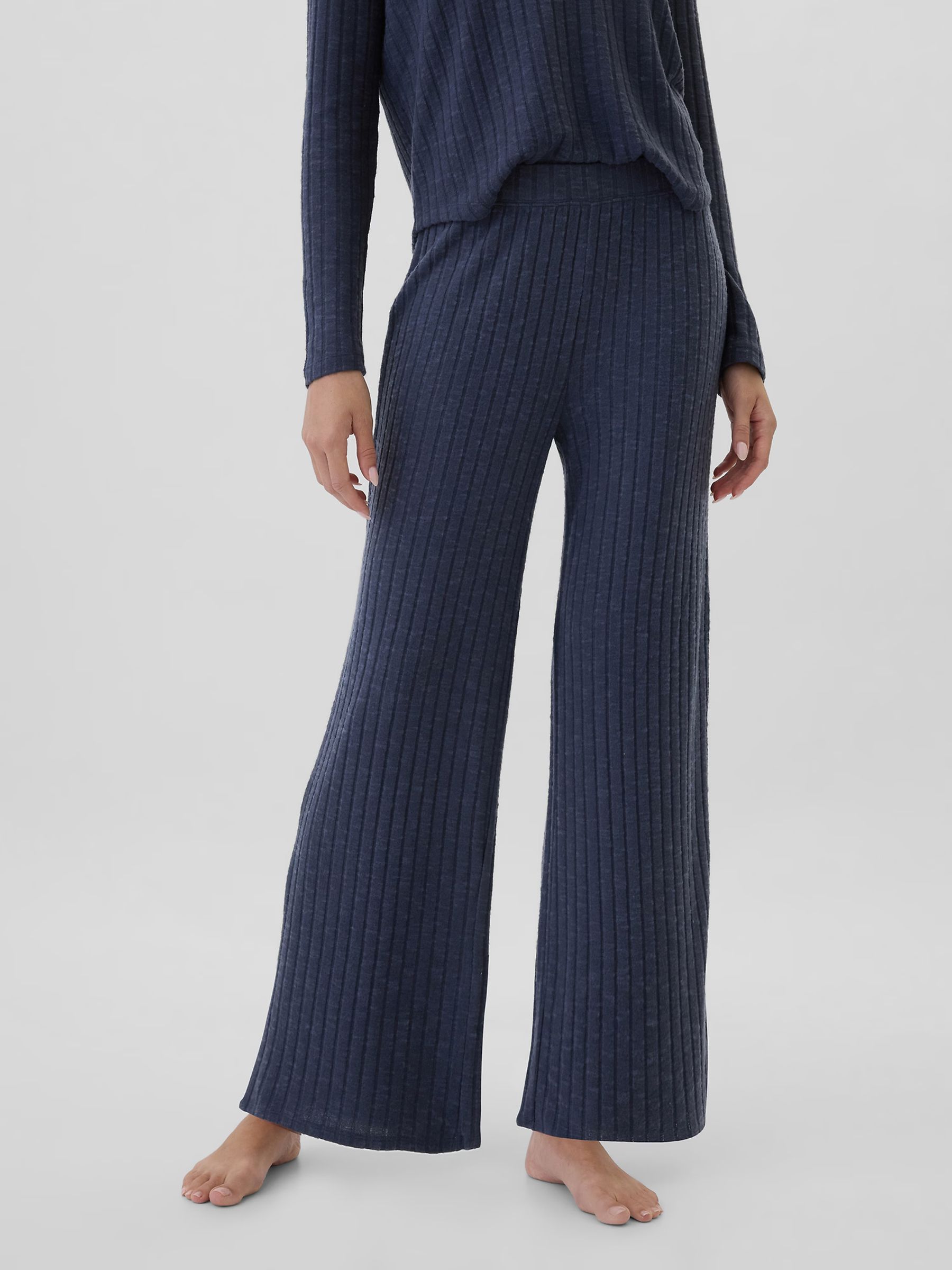 Navy Blue Relaxed Ribbed Wide-Leg Pyjama Bottoms - Image 3 of 4