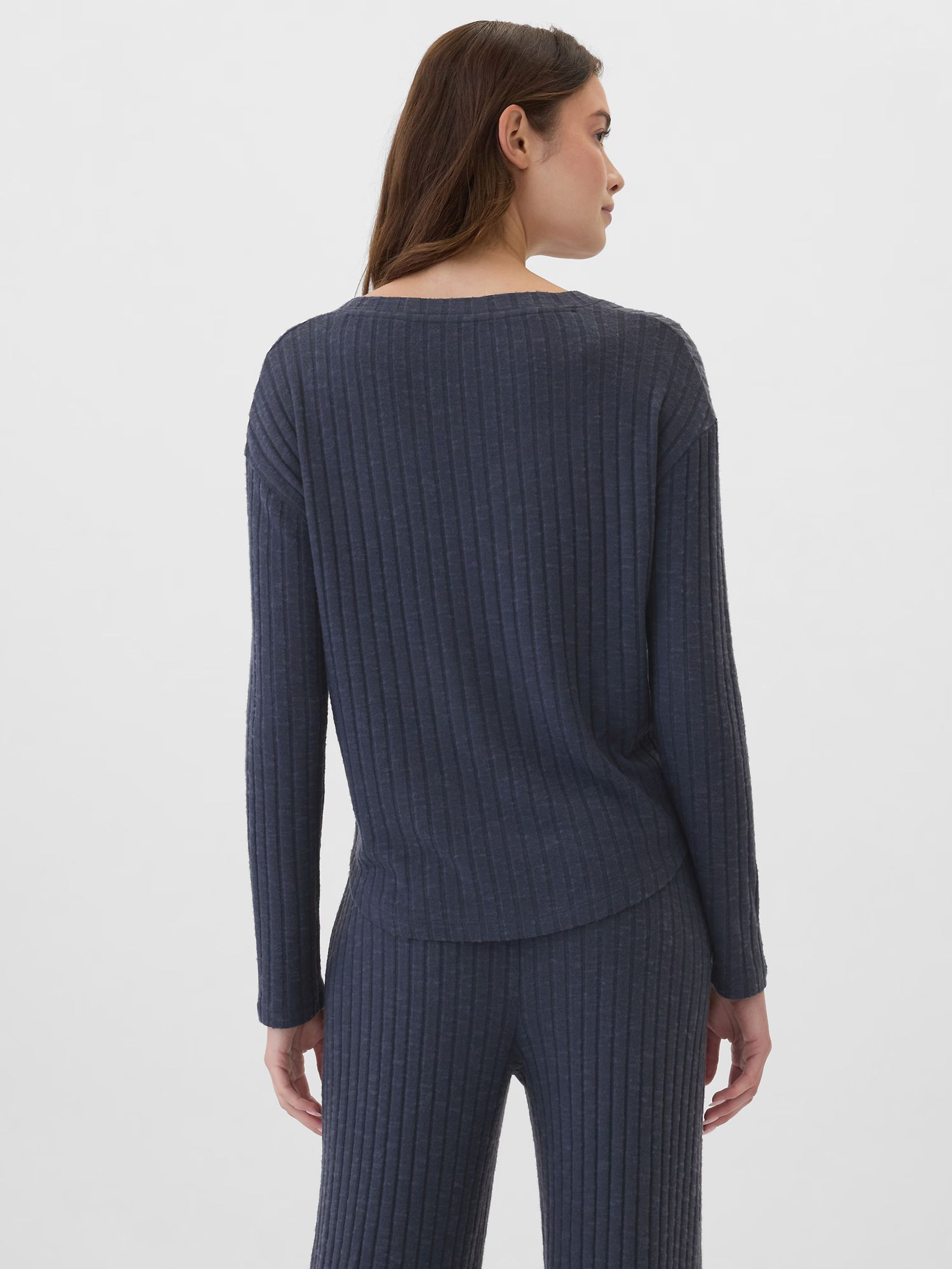 Navy Blue Relaxed Ribbed V-Neck Pyjama Top - Image 2 of 4