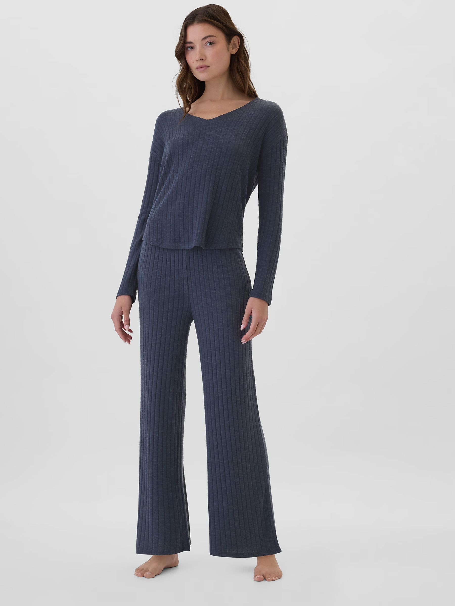 Navy Blue Relaxed Ribbed V-Neck Pyjama Top - Image 3 of 4