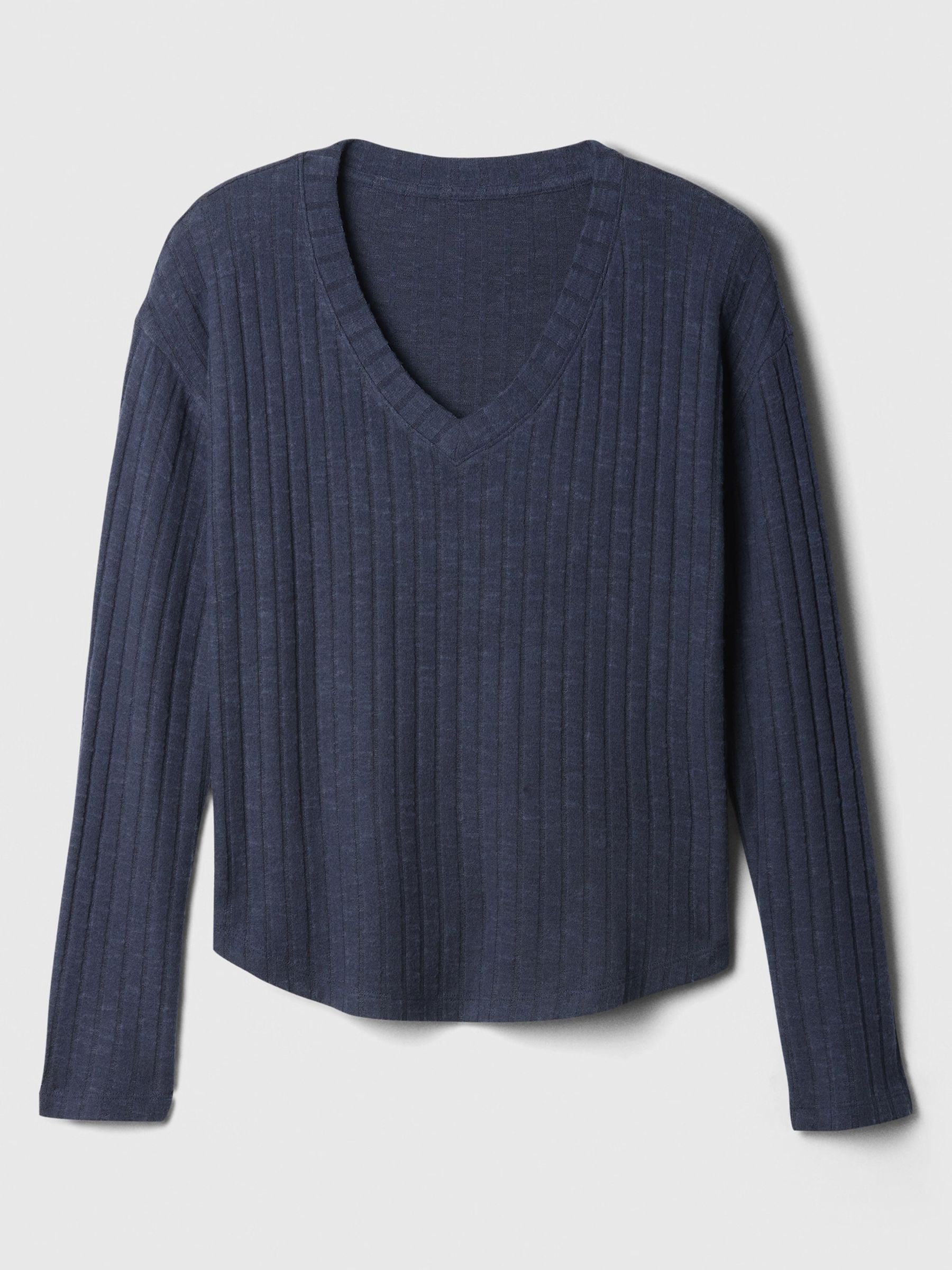 Navy Blue Relaxed Ribbed V-Neck Pyjama Top - Image 4 of 4