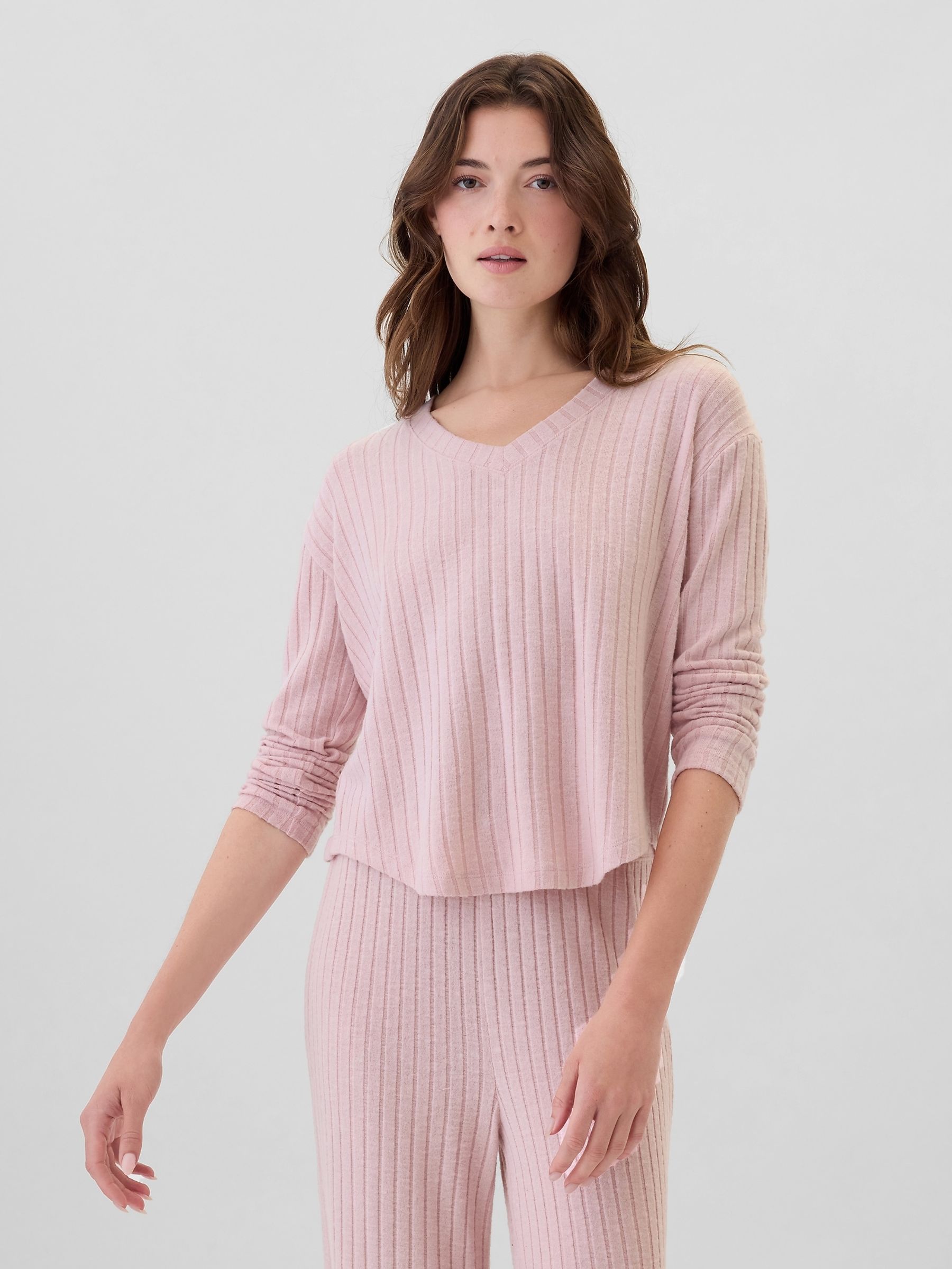 Pink Relaxed Ribbed V-Neck Pyjama Top - Image 1 of 4
