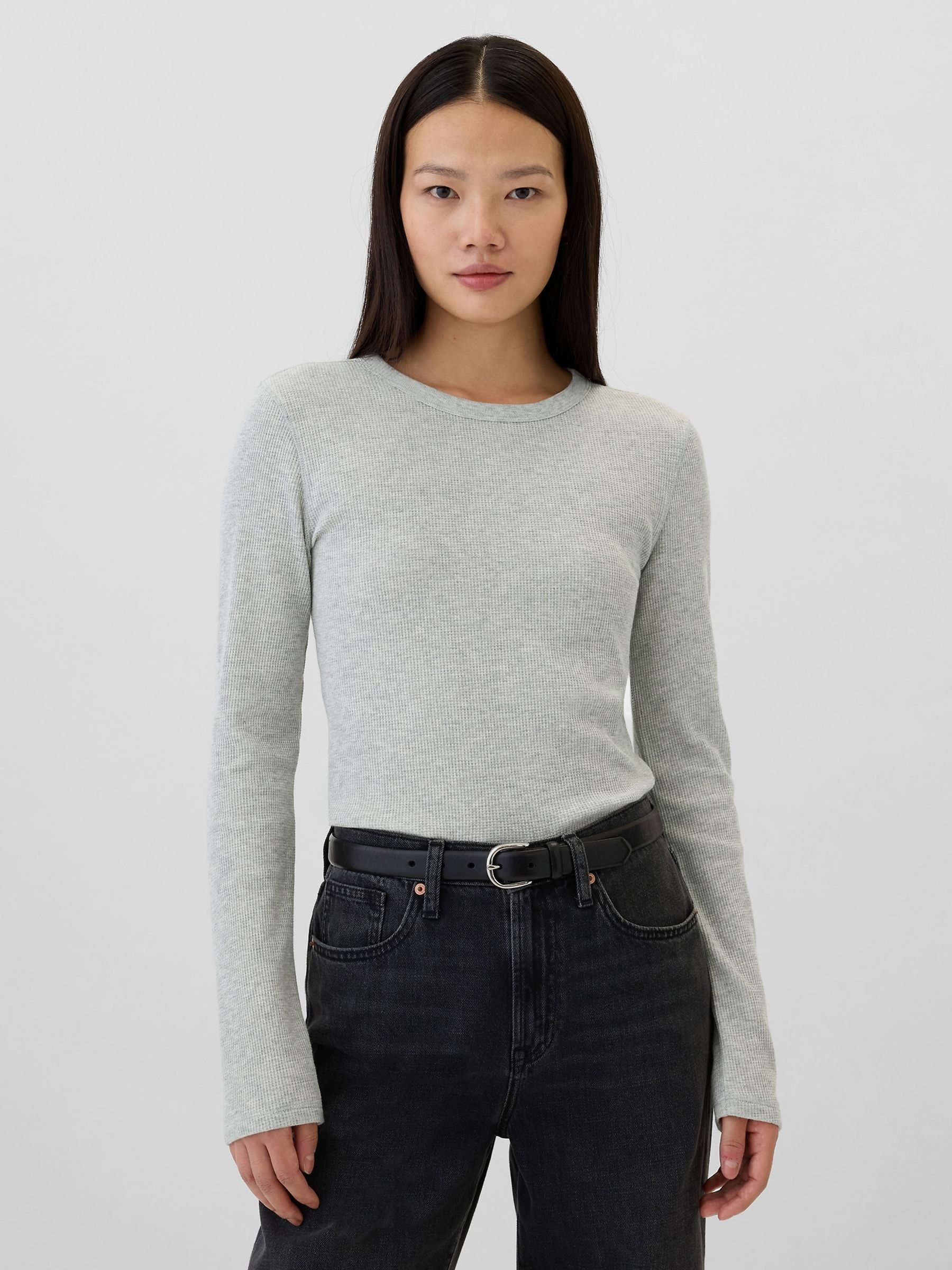 Grey Long Sleeve Crew Neck Waffle Knit T-Shirt - Image 1 of 5