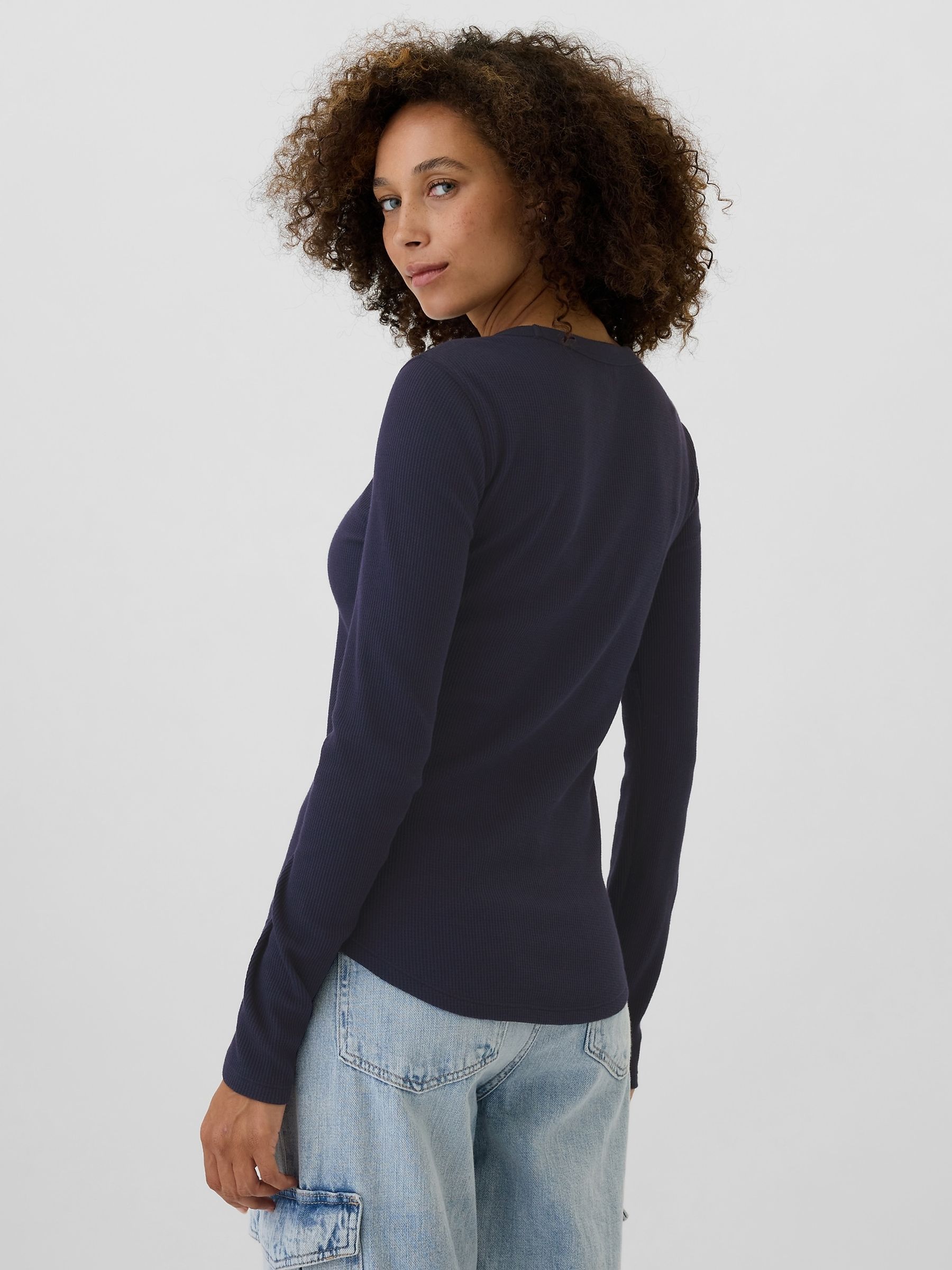Navy Blue Long Sleeve Crew Neck Waffle Knit T-Shirt - Image 2 of 5