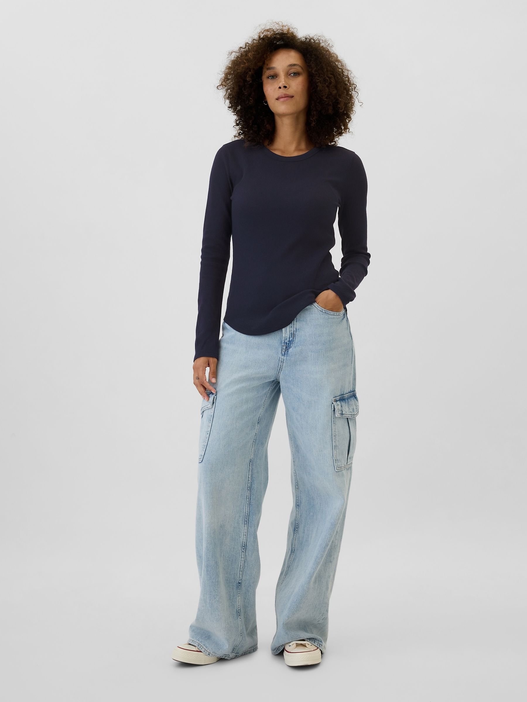 Navy Blue Long Sleeve Crew Neck Waffle Knit T-Shirt - Image 3 of 5