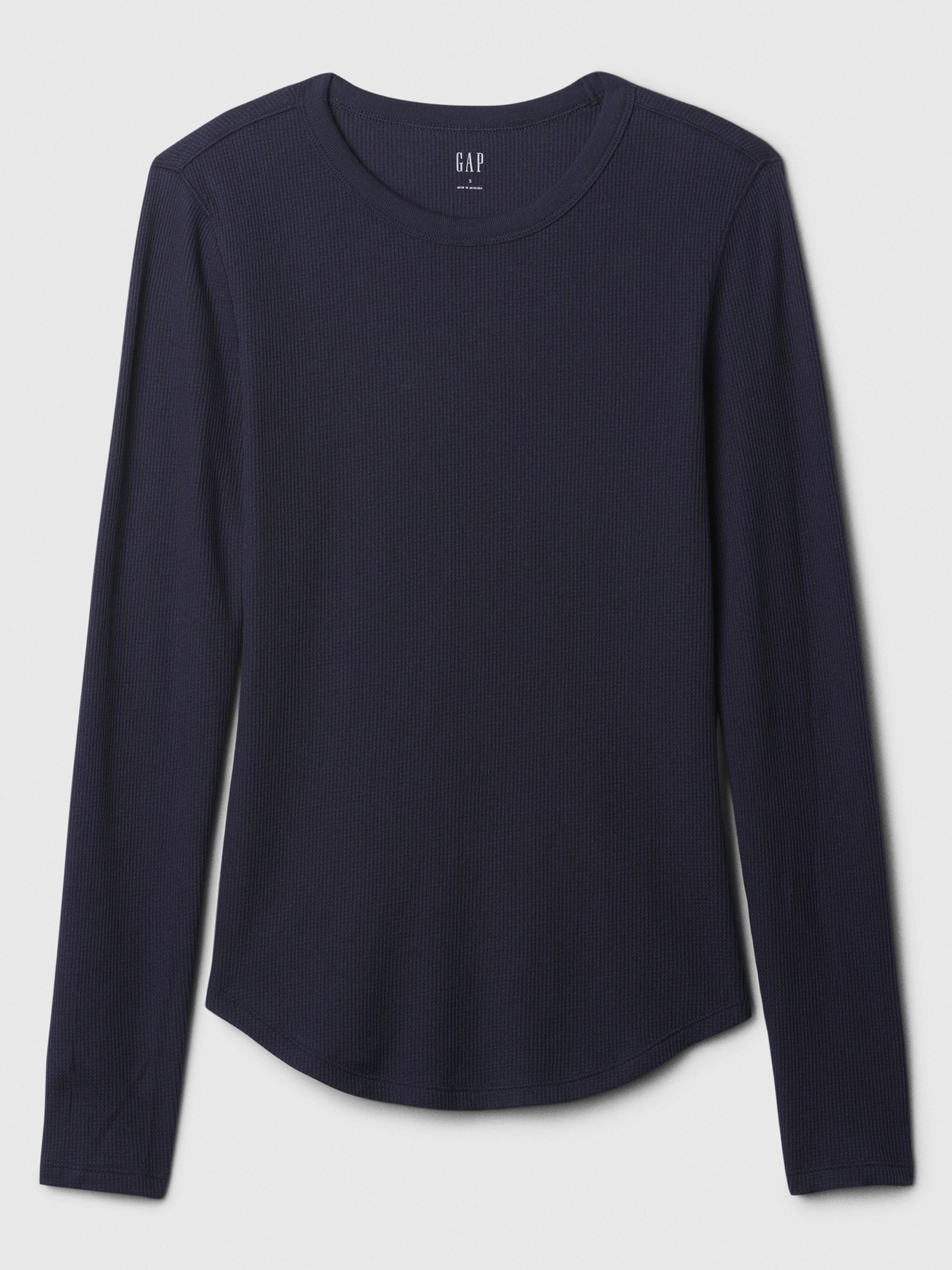 Navy Blue Long Sleeve Crew Neck Waffle Knit T-Shirt - Image 5 of 5